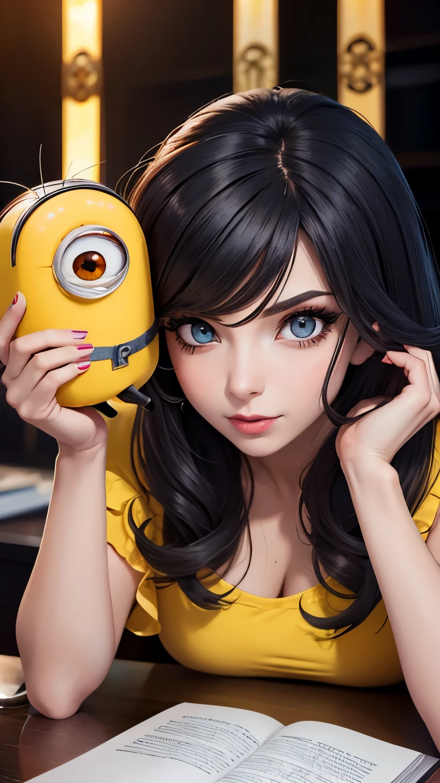 minion feminina segurando um copo com vodka, russa, assustada, cabelo vermelho, olhos vermelhos