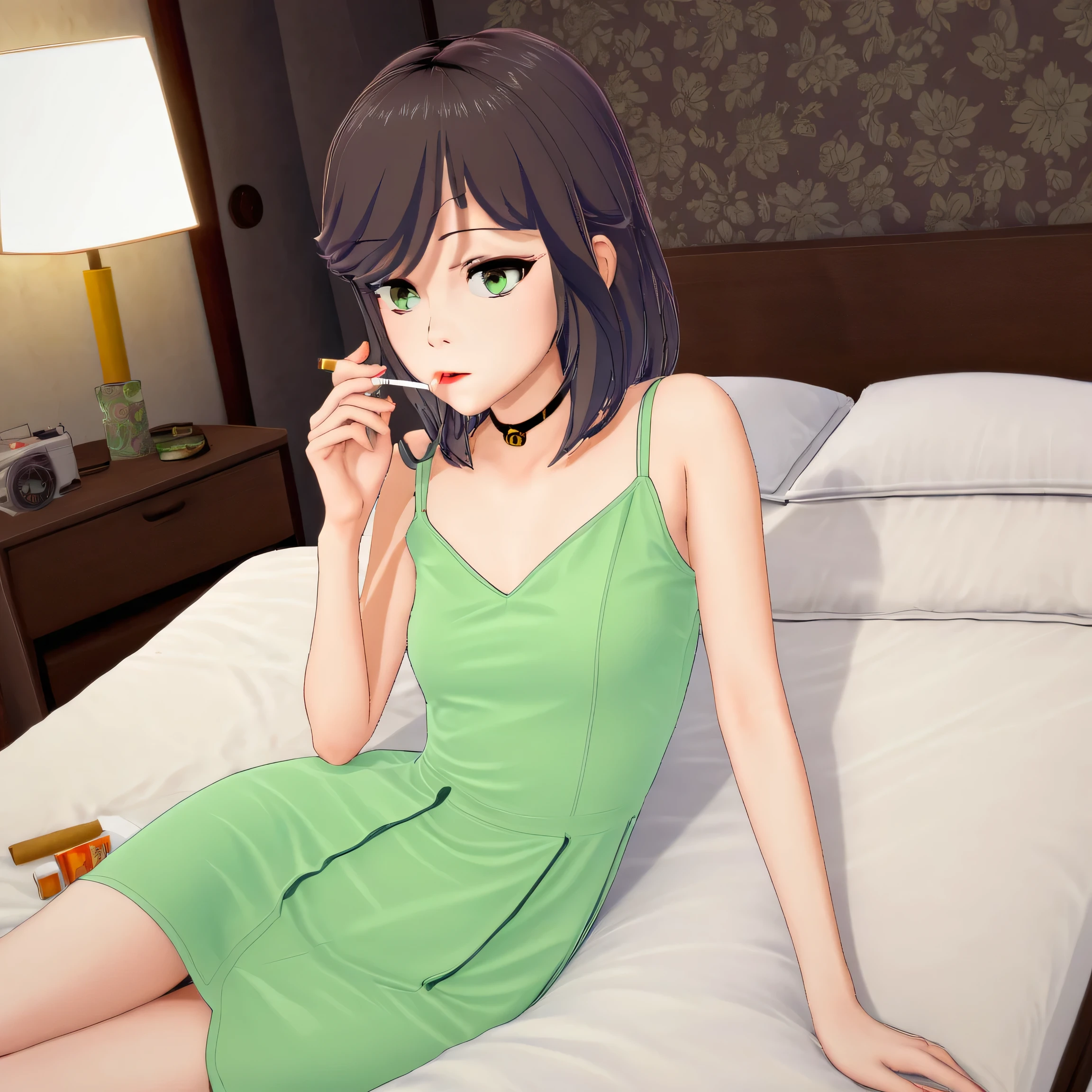 A girl lying on the bed with a bored look smoking a cigarette wearing a thin green dress.