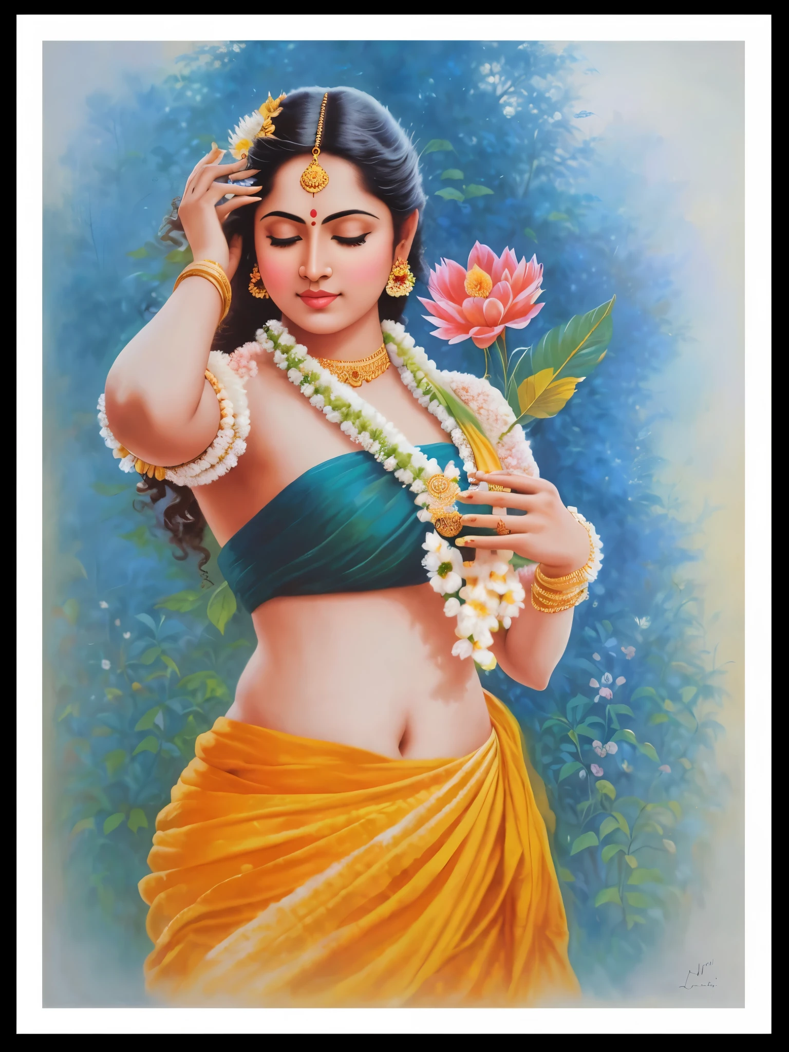  Nair Lady, Sundari, paramasundari, Apsara, goddes, exotic Indian art, (solo),  by artist Raja Ravi Varma, Realistic, 8K, ultra-detailed, Unreal Engine, midjourney art style impressionism, abstract, (oil painting , dry brushstrokes), negative space, beautiful magical forest with blooming flower in background, 