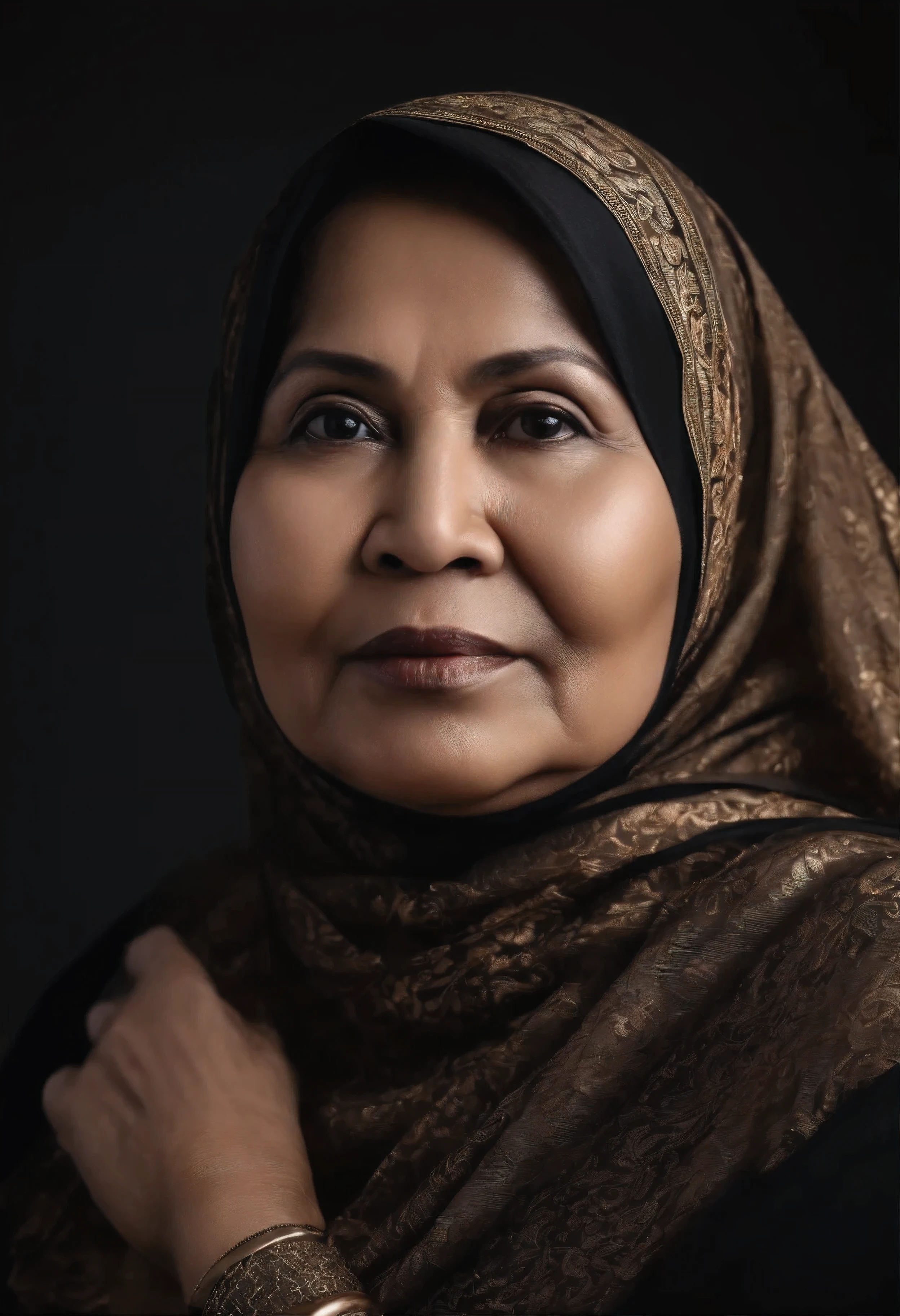 photo of a 50 year old fat Indonesian woman wearing a black hijab and wearing a dress. wrinkle effect on face, detailed effect of pores on face, very realistic, super detailed, ultra HD, 8K Resolution