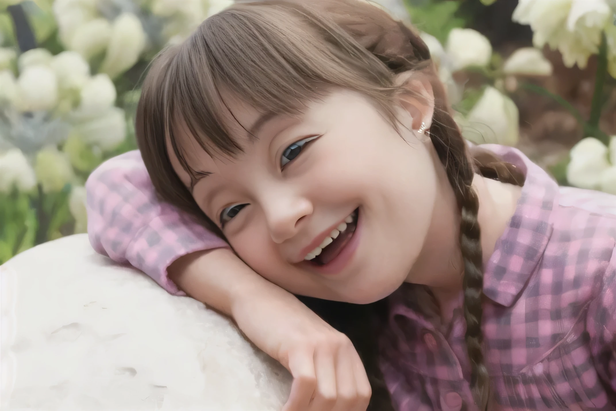 arafa with braids leaning on a rock in a field of flowers, linda e sorridente, com um sorriso lindo, lindo sorriso, lindo rosto sorridente, lindo rosto sorridente, she is smiling and happy, garota sorridente, sorriso gentil, Sorriso fofo, she is smiling, Doce sorriso, sorrindo docemente, Sorriso bonito, garota muito linda