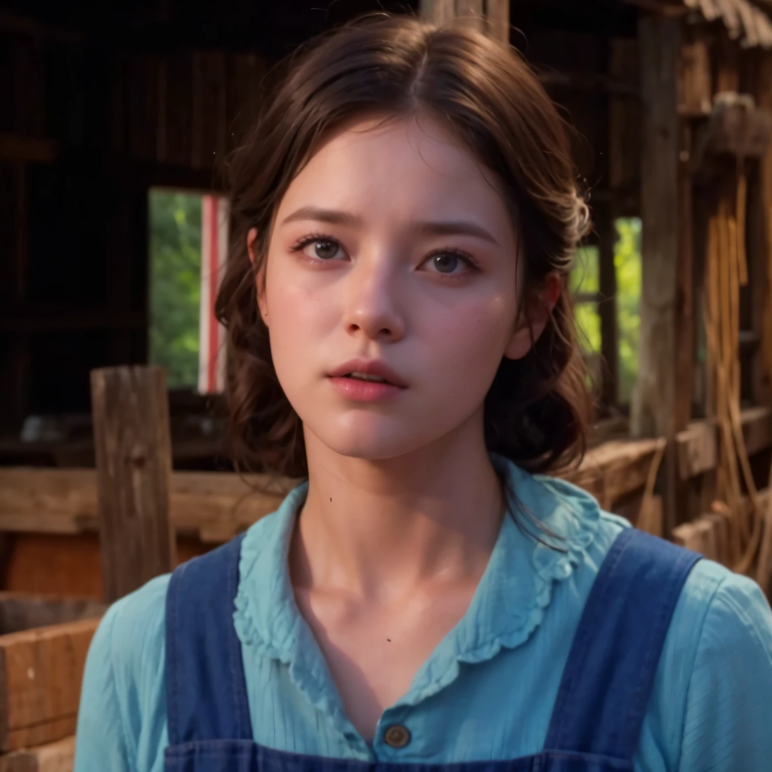 Arafa woman in overalls in front of a barn, beautiful female dorothy gale, coreana, Onze/milie bobbie marrom, captura de tela do filme, Mackenzie Foy, Ana forsterling, pia sadie, captura de tela de um filme, Miranda Meeks, Ana, jovem mulher do sul, ema, Jodie Bateman, captura de tela do filme, Rafael Hopper, inspirado em Thomas Millie Dow, cena maravilhosa, coreana