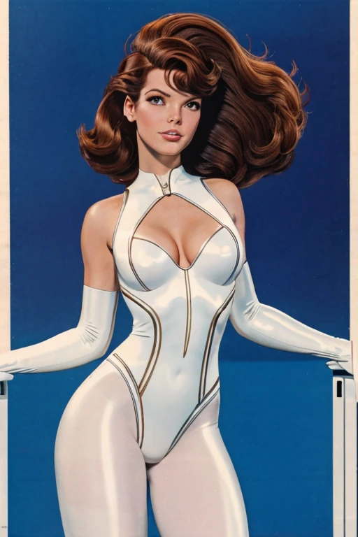 Best quality, 8K, vivid color, woman retro futurism, static pose, looking to observer, brown hair, long eyelashes, ALL WHITE shiny leotard, cleavage, metalic details, light WHITE pantyhose, neutral sci-fi scenario