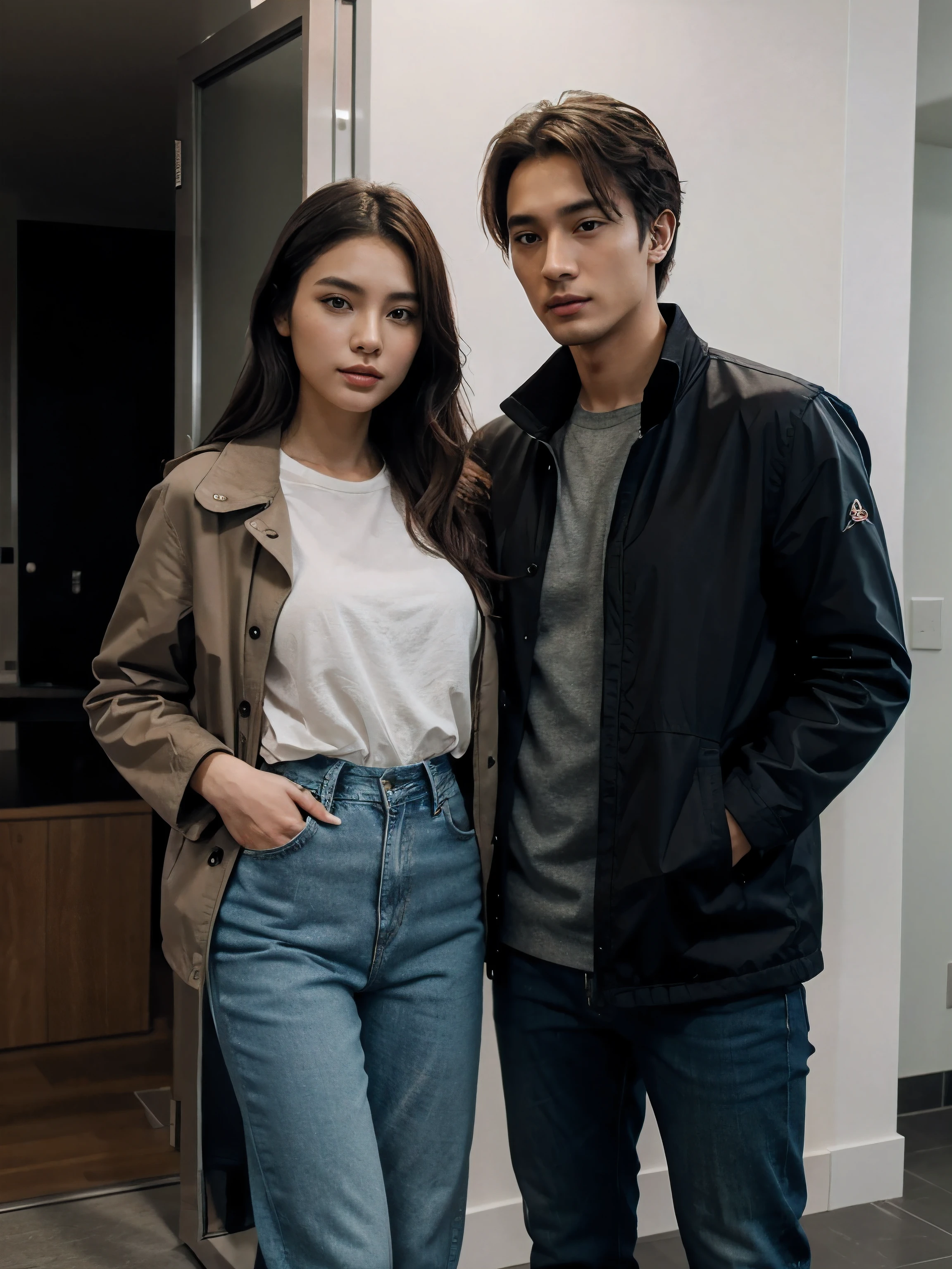 a man and a woman standing next to each other at a Party, an image, inspired by Adam Dario Keel, parka jacket, which is trending in the cg community, beautiful young Korean woman dressed in Long dress, jeans trousers screencap of the film, model elisajes from acquamodels