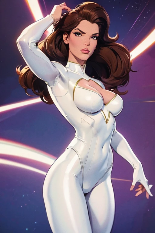 Best quality, 8K, vivid color, woman retro futurism, static pose, looking to observer, brown hair, long eyelashes, ALL WHITE shiny leotard, cleavage, metalic details, light WHITE pantyhose, neutral sci-fi scenario