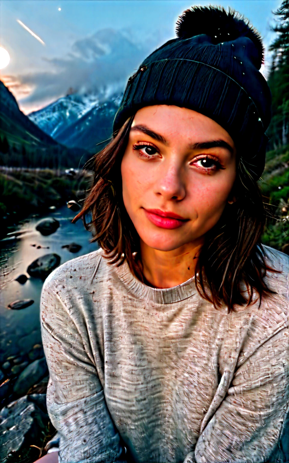 photorealistic, best quality, hyper detailed, beautiful woman, selfie photo, upper body, solo, wearing pullover, outdoors, (night), mountains, real life nature, stars, moon, (cheerful, happy), sleeping bag, gloves, sweater, beanie, flashlight, forest, rocks, river, wood, smoke, fog, clear sky, analog style, looking at viewer, skin texture, film grain, close up, ultra high res, best shadow, RAW, instagram LUT