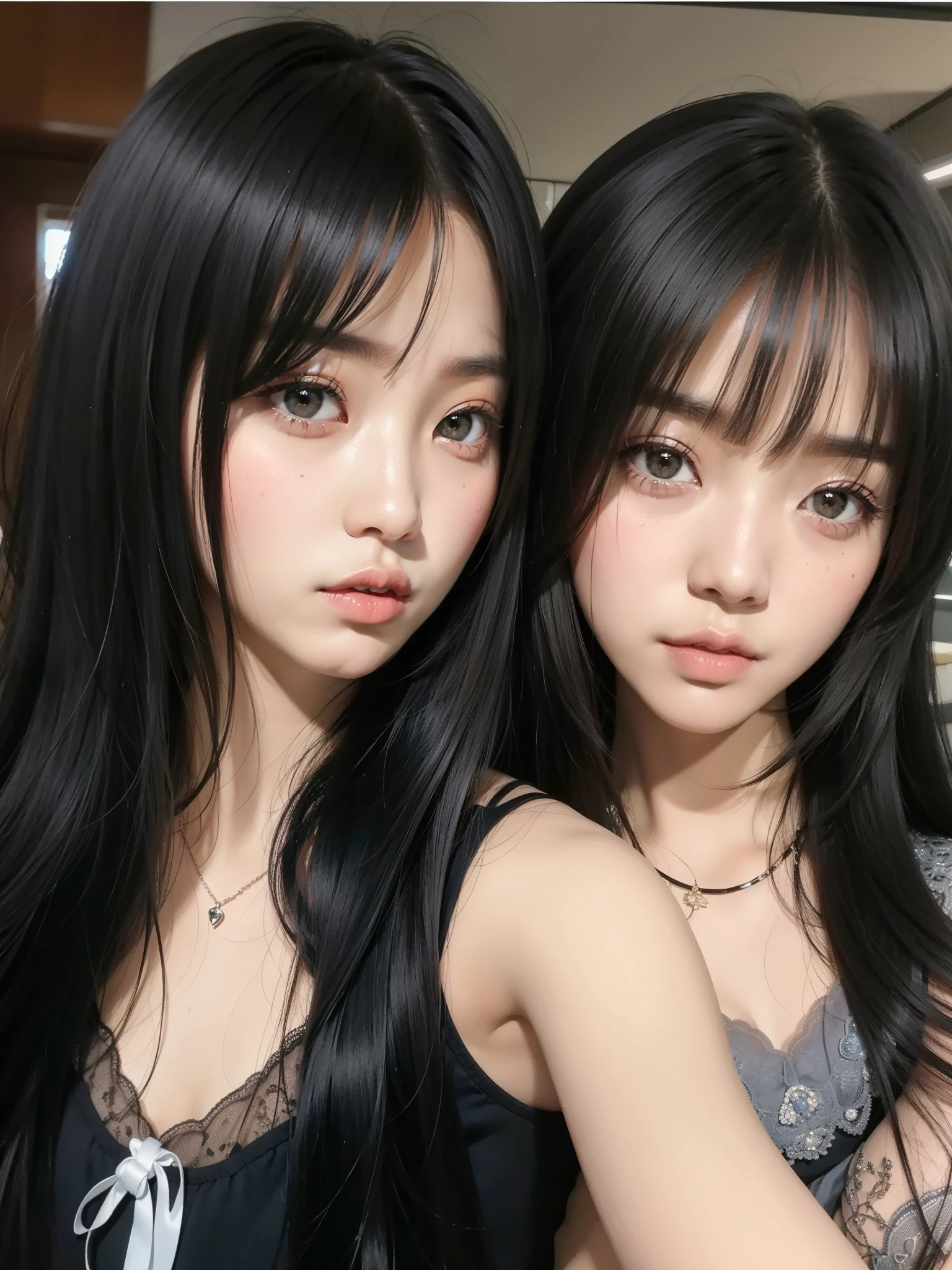 Two Asian women with long black hair posing for a photo., ulzzang, she has black hair con flequillo, con negro, cabello con flequillo negro, pelo cortado hime negro, long black hair con flequillo, flequillo negro, con flequillo, long hair con flequillo, yoshitomo nara and aya takano, con flequillo completo, Lalisa Manobal, rasgos de la cara coreana