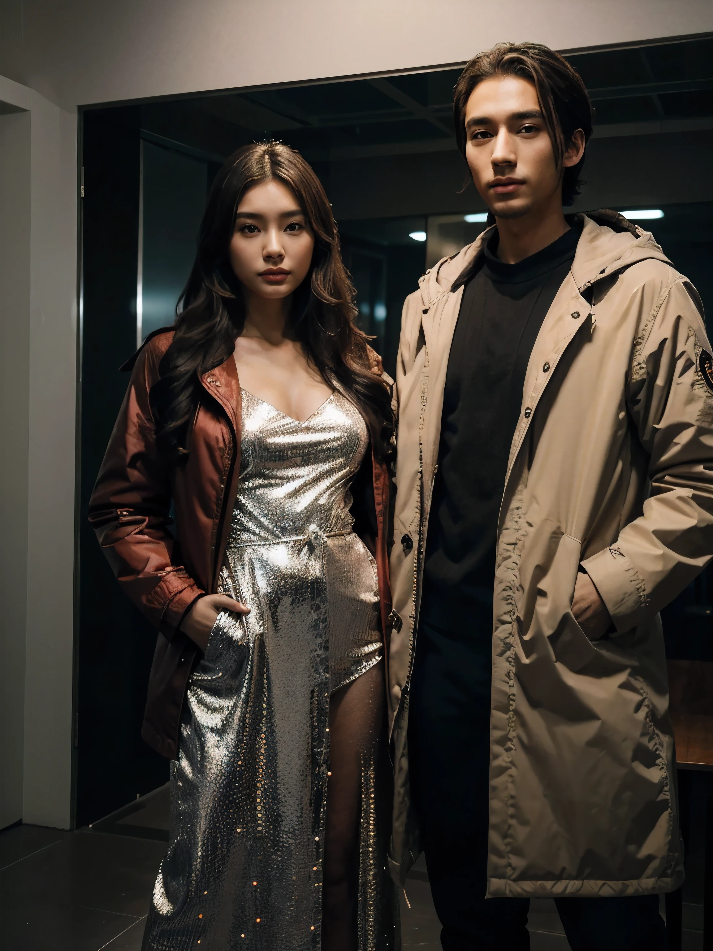 a man and a woman standing next to each other at a Party, an image, inspired by Adam Dario Keel, parka jacket, which is trending in the cg community, beautiful young Korean woman dressed in Long party dress movie screencap, model elisajes from acquamodels