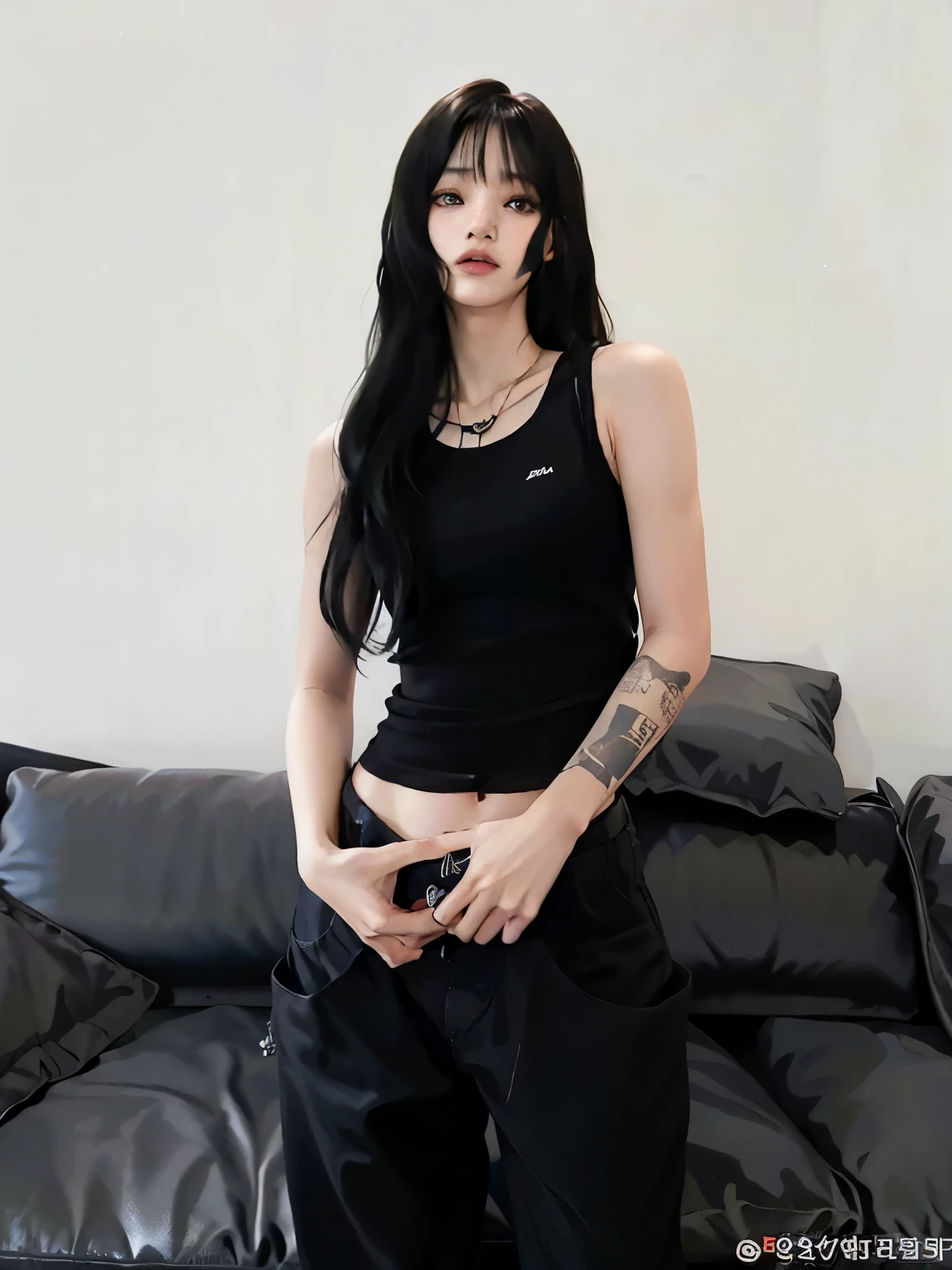 Arafed woman with tattoos standing in front of a sofa, ella lleva una camiseta sin mangas negra, cruel korean gothic girl, vistiendo una camiseta negra corta, vistiendo una camiseta sin mangas corta negra, camiseta negra ajustada, foto de chica delgada model, foto de chica delgada, 2 4 year old female model, tapa negra, modelo de moda femenina coreana blackpink lisa blackpink lisa face lisa blackpink