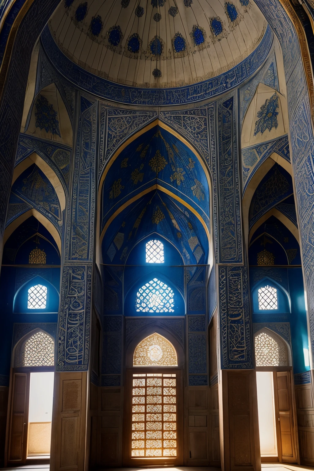 inside the blue mosque, isfahan, iran with sunlight shining through the windows, airy and light, bright blue, bokeh