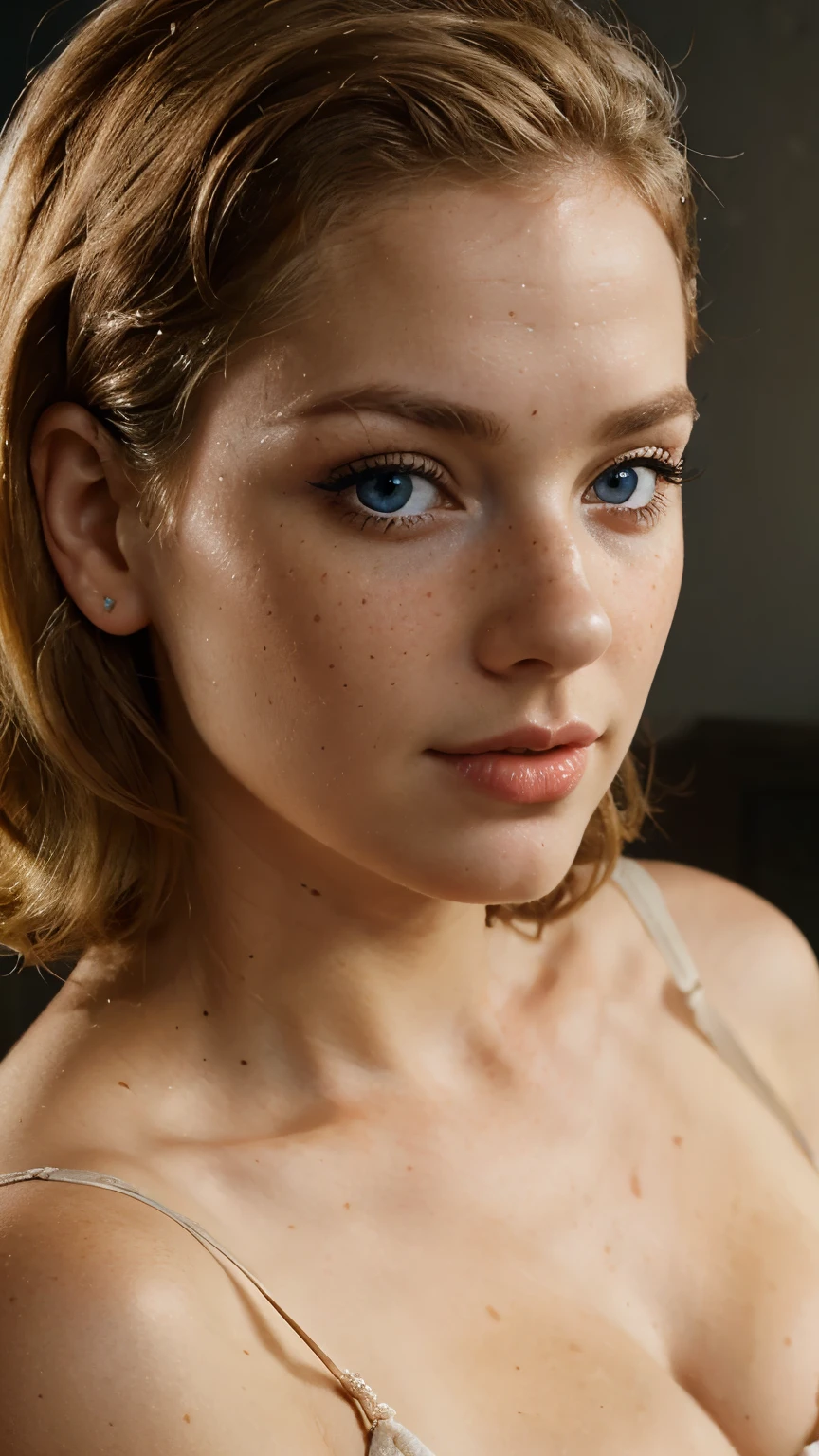 classical pinup, close up portrati, fifties style, blonde, freckles, blue eyes