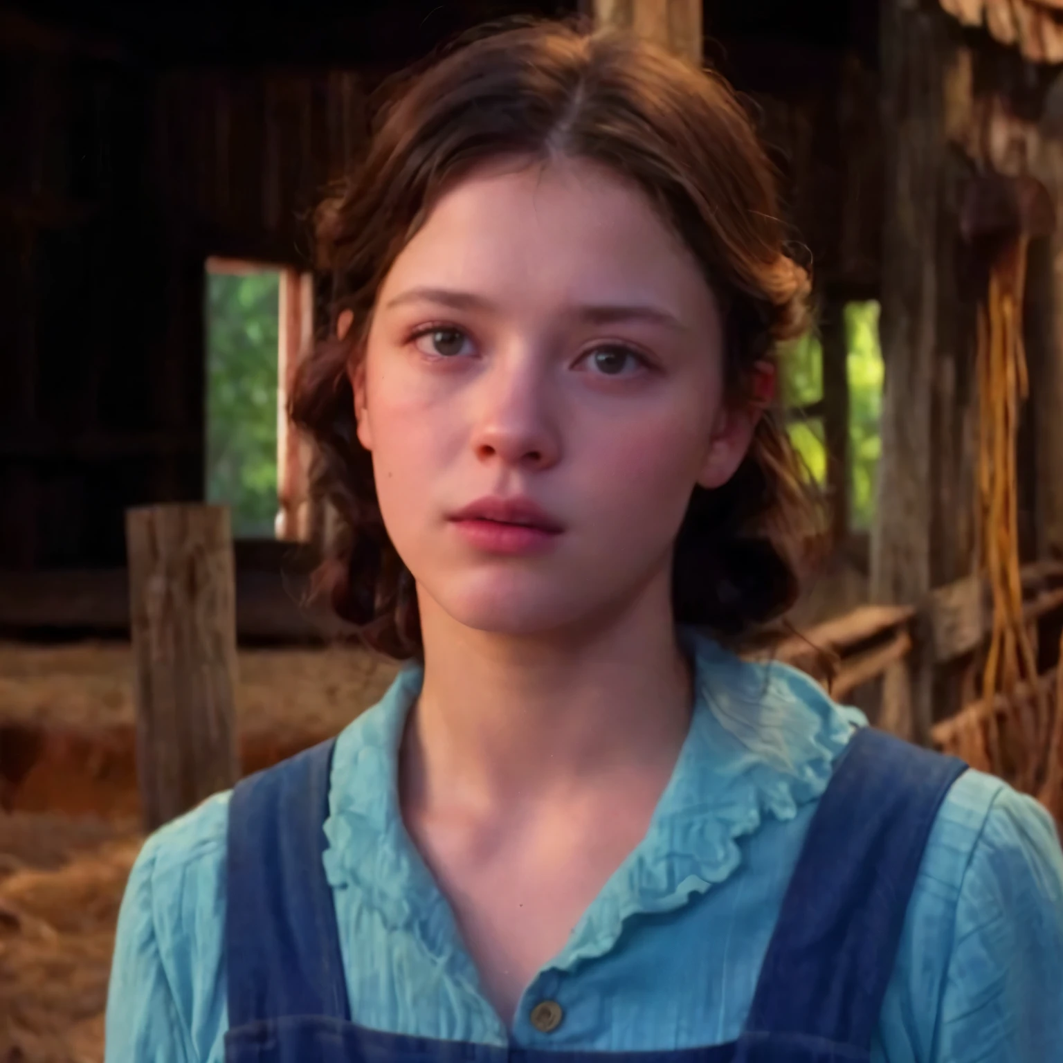 Arafa woman in overalls in front of a barn, beautiful female dorothy gale, Onze/milie bobbie marrom, captura de tela do filme, Mackenzie Foy, Ana forsterling, pia sadie, captura de tela de um filme, Miranda Meeks, Ana, jovem mulher do sul, ema, Jodie Bateman, captura de tela do filme, Rafael Hopper, inspirado em Thomas Millie Dow, cena maravilhosa