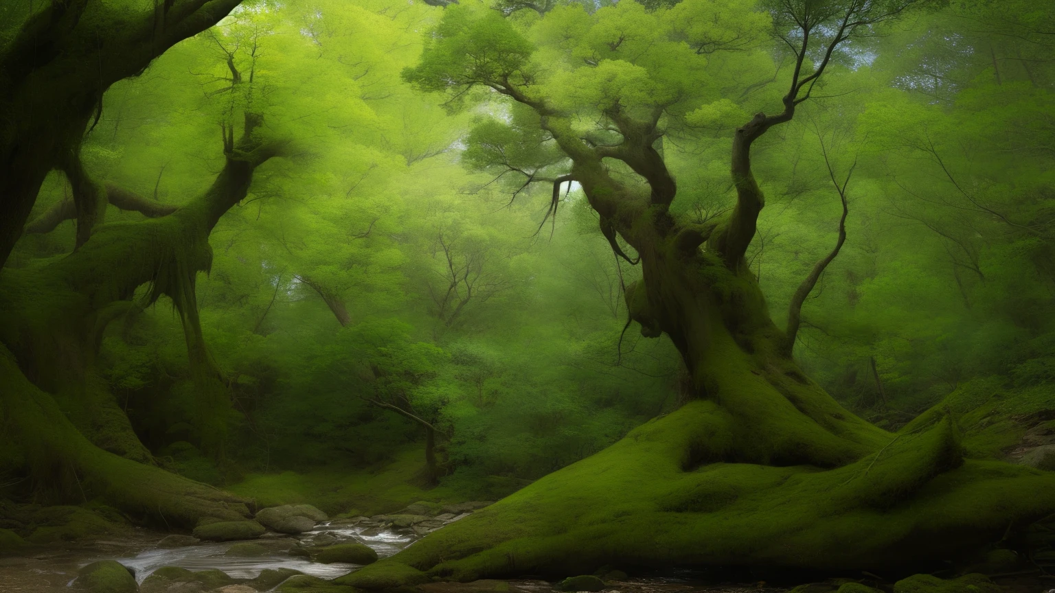 RAW photo、masterpiece、highest quality、8K、High resolution、super detailed、Big tree、Deep woods、tree with complex leaves、faint light、A rotten tree lies、Yakushima、Zhen Wenshan、Princess Mononoke、