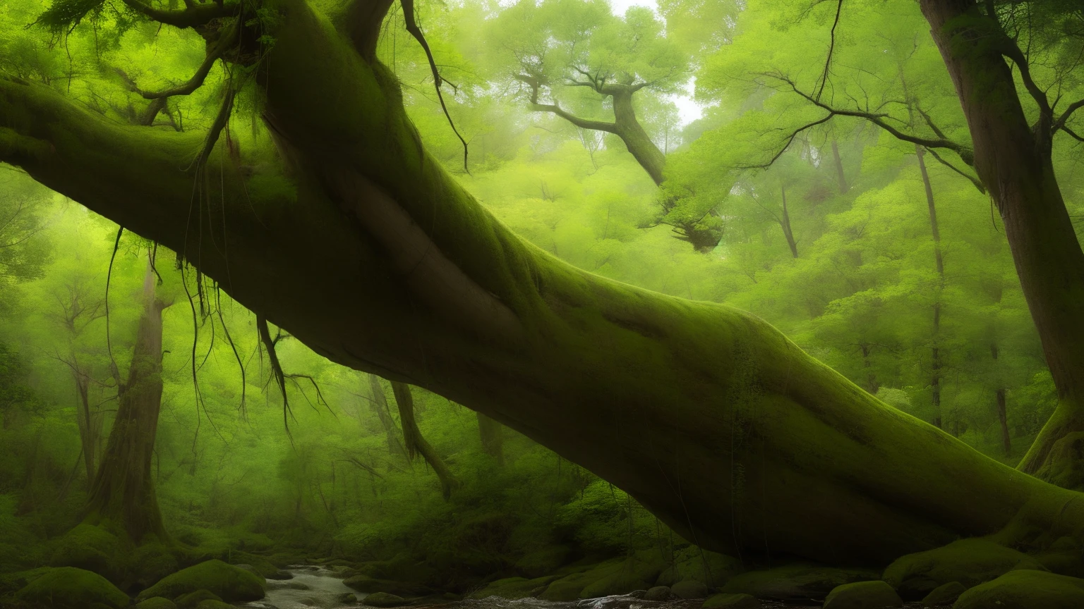 RAW photo、masterpiece、highest quality、8K、High resolution、super detailed、Big tree、Deep woods、tree with complex leaves、faint light、A rotten tree lies、Yakushima、Zhen Wenshan、Princess Mononoke、