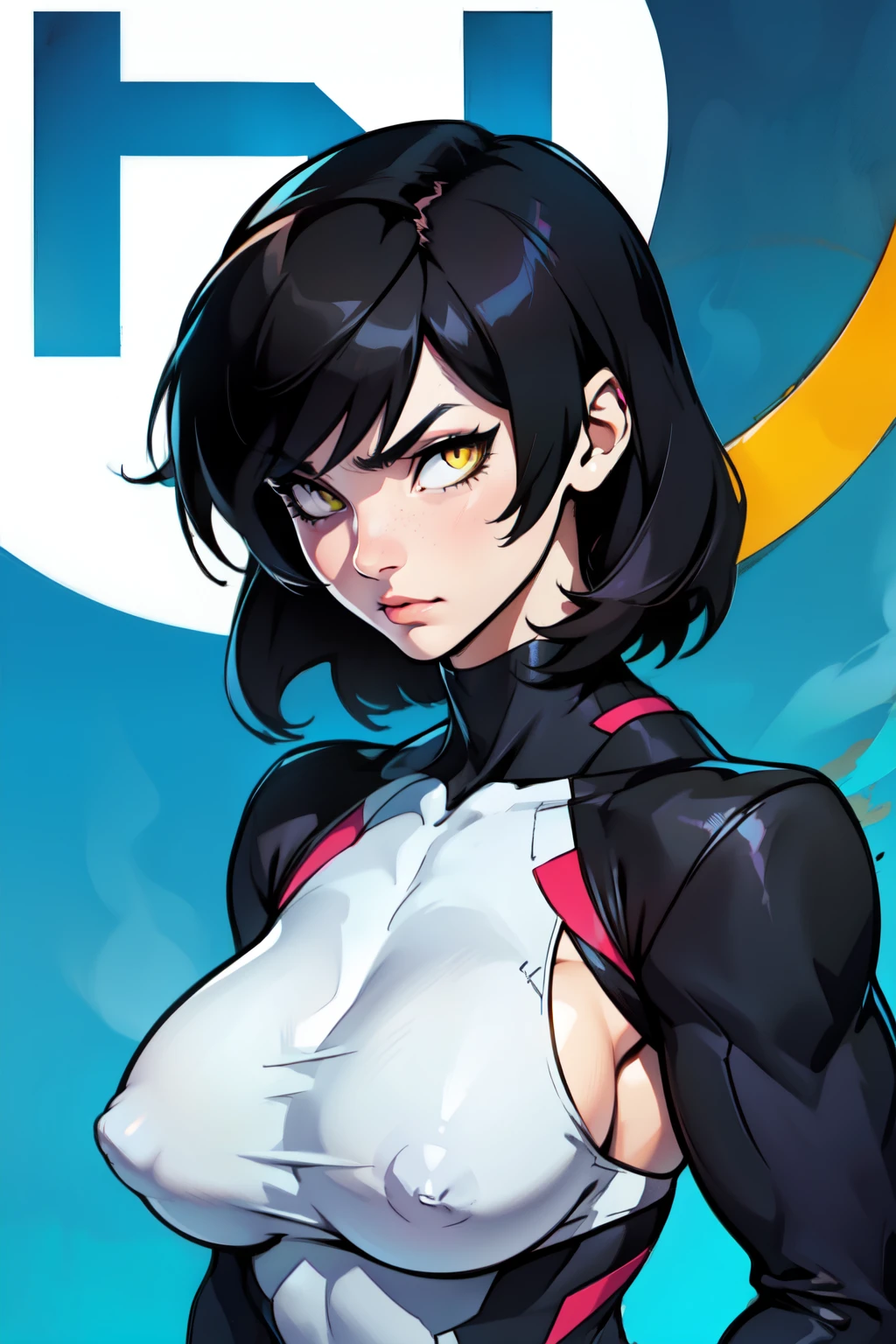 girl muscles large breasts black hair yellow eyes