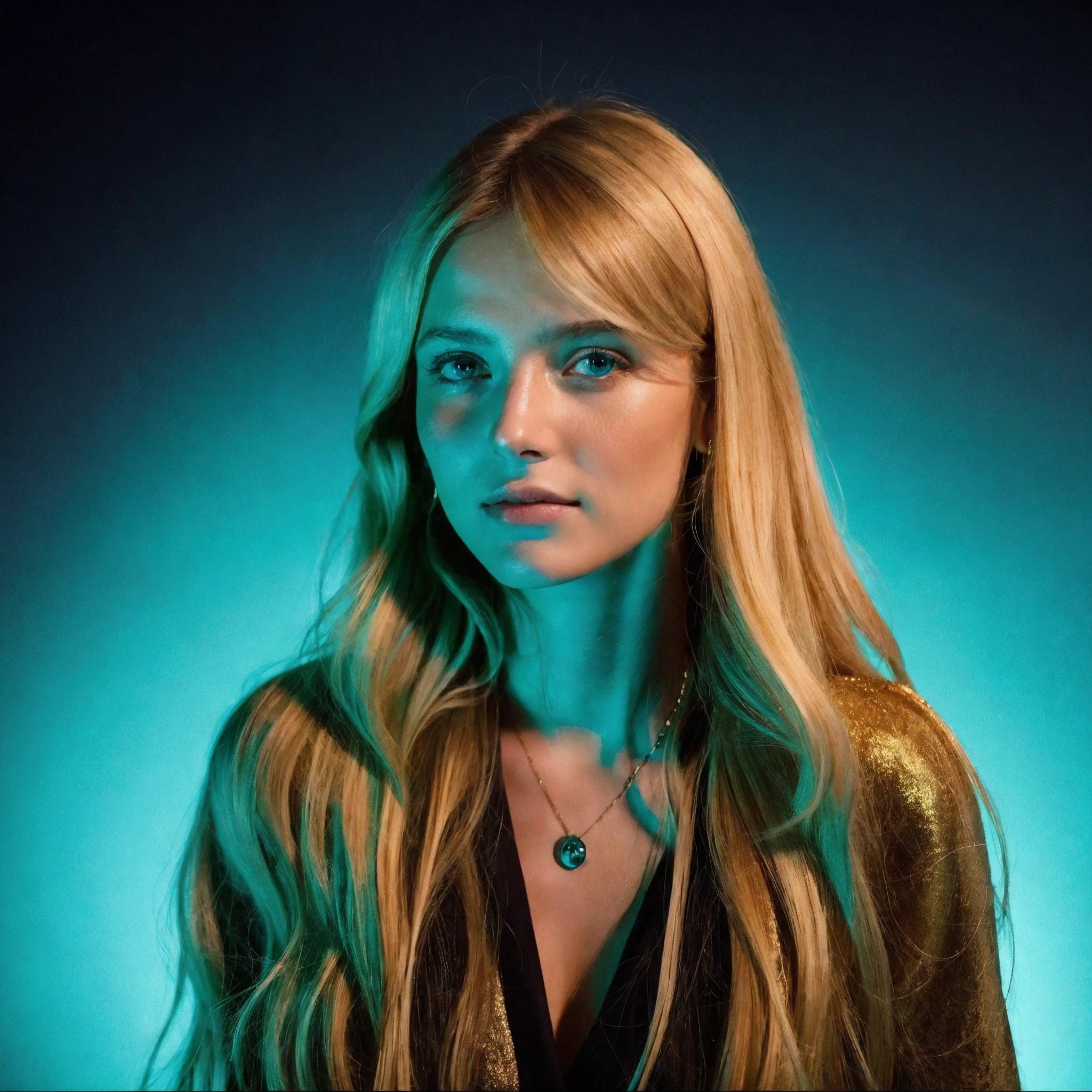 Hispanique blonde, Instagram, half-view photo of [Lily Donaldson|laurabailey] comme [ASMR quantique|Celine Farach], egirl makeup dark fantcommey background, charmant sourire narquois de Martin Deschambault et Robert McGinnis ultra réaliste très détaillé photo photoréaliste complexe de style analogique mise au point nette sur les yeux bleu turquoise, cinema lighting