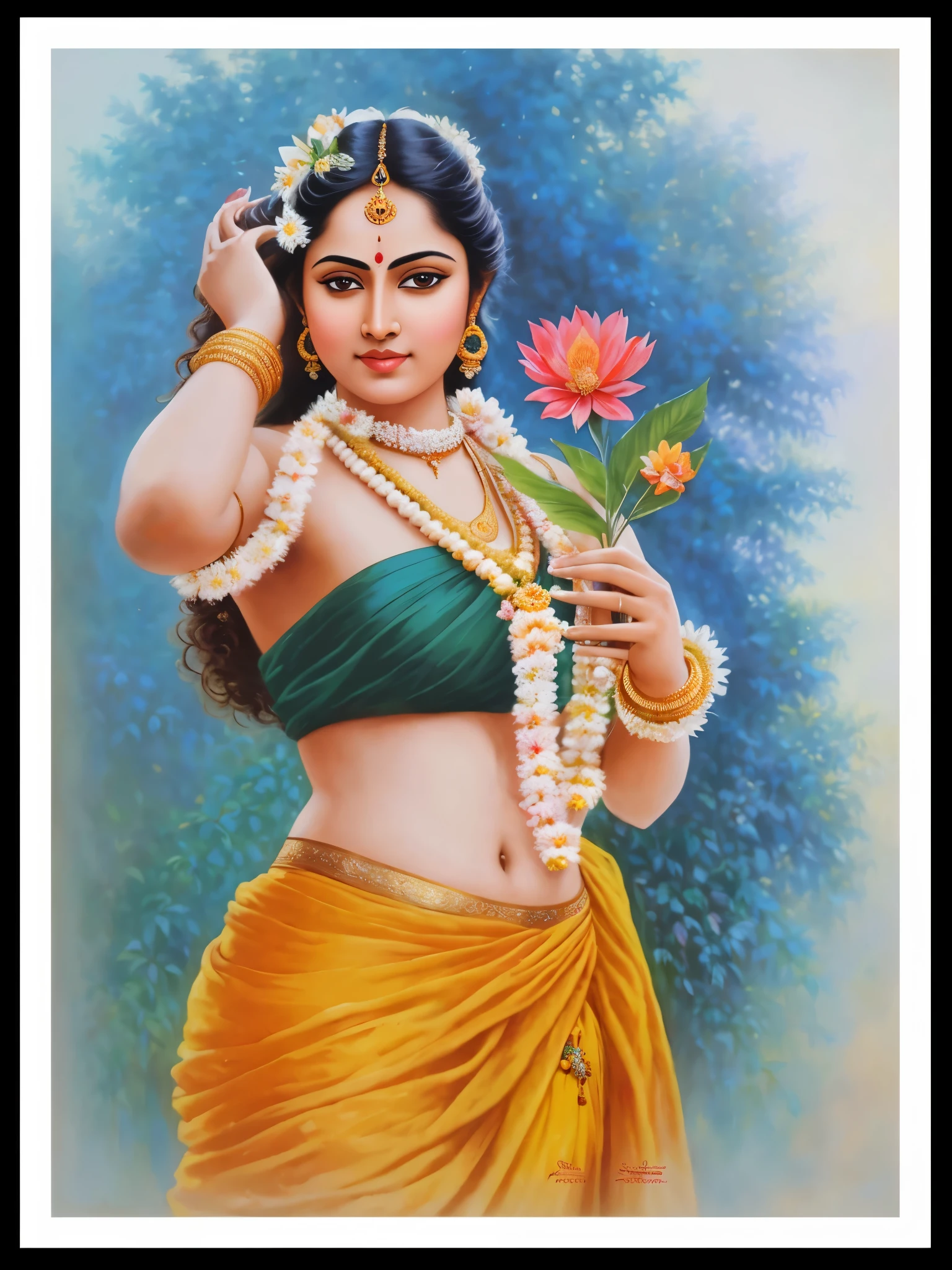 Nair Lady, Sundari, paramasundari, Apsara, goddes, exotic Indian art, (solo), by artist Raja Ravi Varma, Realistic, 8K, ultra-detailed, Unreal Engine, midjourney art style impressionism, abstract, (oil painting , dry brushstrokes), negative space, beautiful magical forest with blooming flower in background,