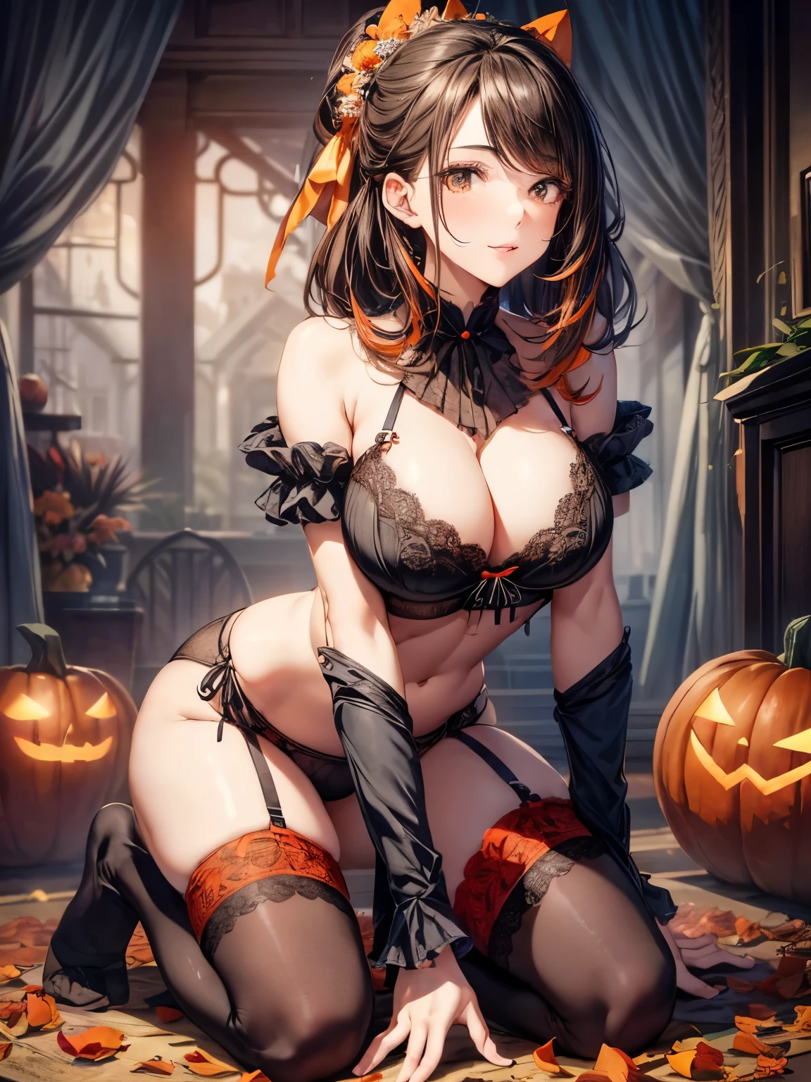 highest quality、full finger、Slender beauty、ponytail woman、brown haired woman、medium hair woman、(beautiful big breasted woman:1.8)、Halloween Scenery、halloween costume、((Black and orange bra))、((Black and orange bloomers) )、naughty pose、big smile、kneeling