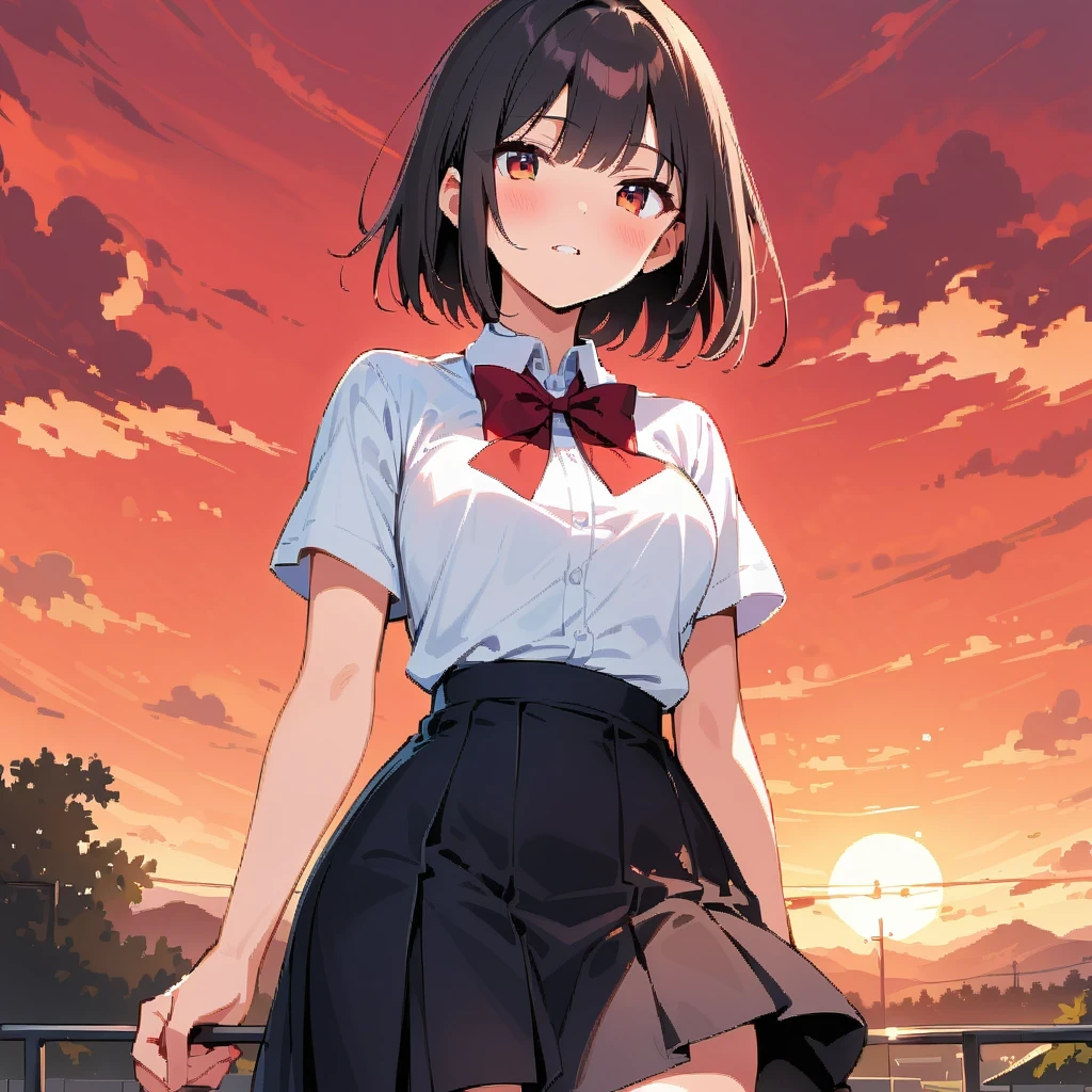 doujinshi; 1 girl, 1 boy, skirt, outdoor, red sky, bowtie,, super detailed