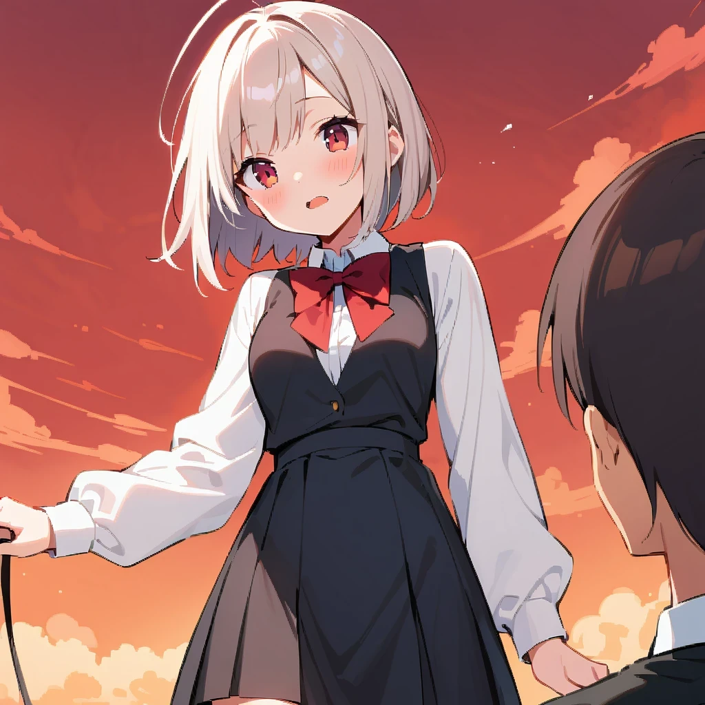 doujinshi; 1 girl, 1 boy, skirt, outdoor, red sky, bowtie,, super detailed