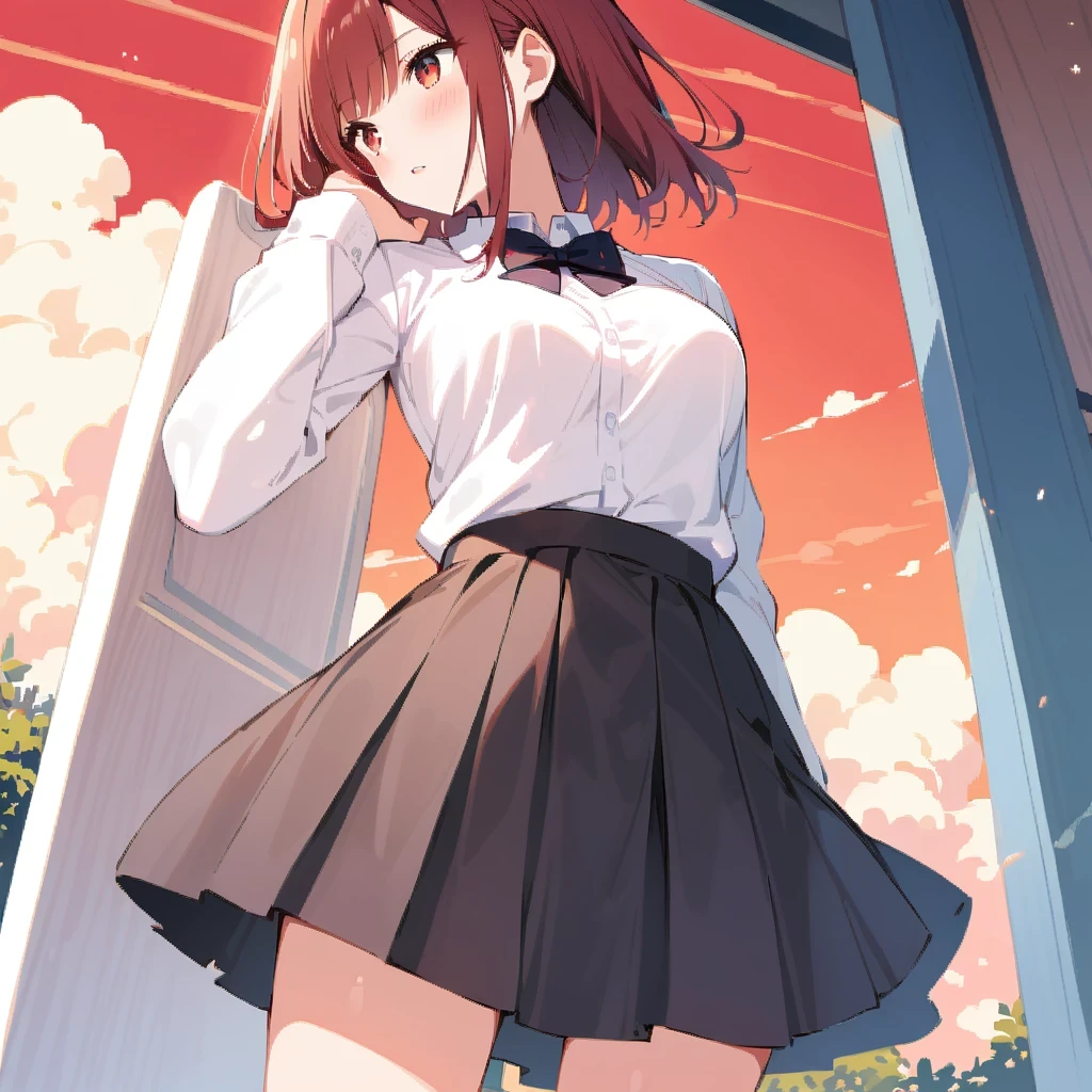 doujinshi; 1 girl, 1 boy, skirt, outdoor, red sky, bowtie,, super detailed