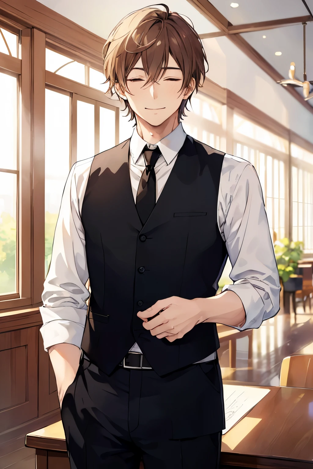 ((masterpiece)), ((highest quality)), ((High resolution)), ((finely)),anime coloring,gentle smile,A man in his 50s with his eyes closed,brown short hair,Inside the reception room,Upper body,simple vest,white shirt,black tie,black pants,1 middle-aged male,Middle management in their 50s,hands folded on the desk,They welcome us with a gentle smile.,guild executive
