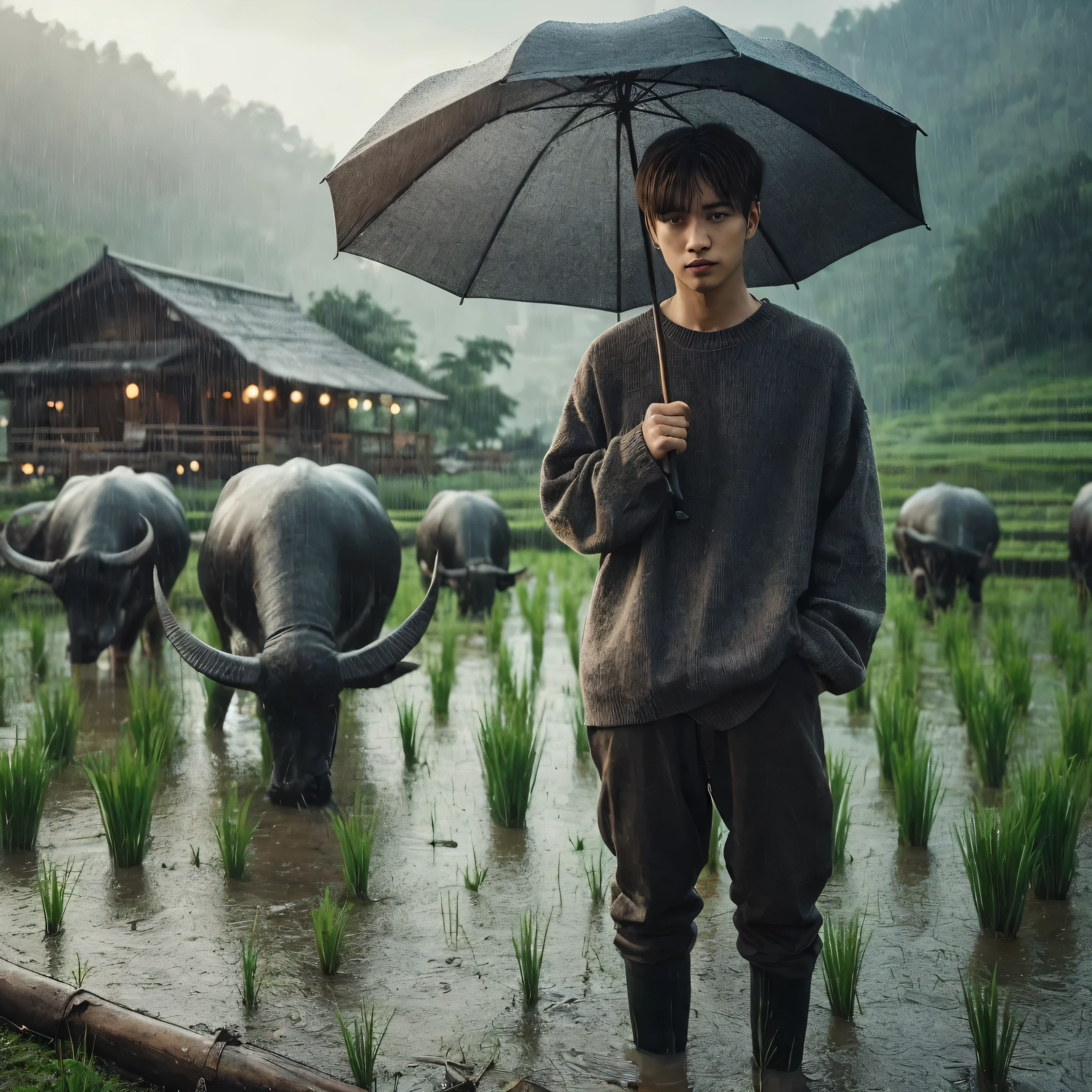 seluruh tubuh, gambar lebar, potret sinematik seorang pria Asia korean berusia 18 tahun, dengan rambut lurus pendek belahtengah mengenakan sweter abu abu, sepatu boot celana jeans hitam, memberi makan kerbau membawa payung plastik putih sa'at hujan deras dengan rumput di sawah pemandangan kayu dengan latar belakang bokeh dengan padang rumput hijau, pepohonan dan pegunungan Dilihat dari gambar realistis jarak jauh, pemotretan sudut rendah, wajah asli bebas menatap kamera 4k hd
