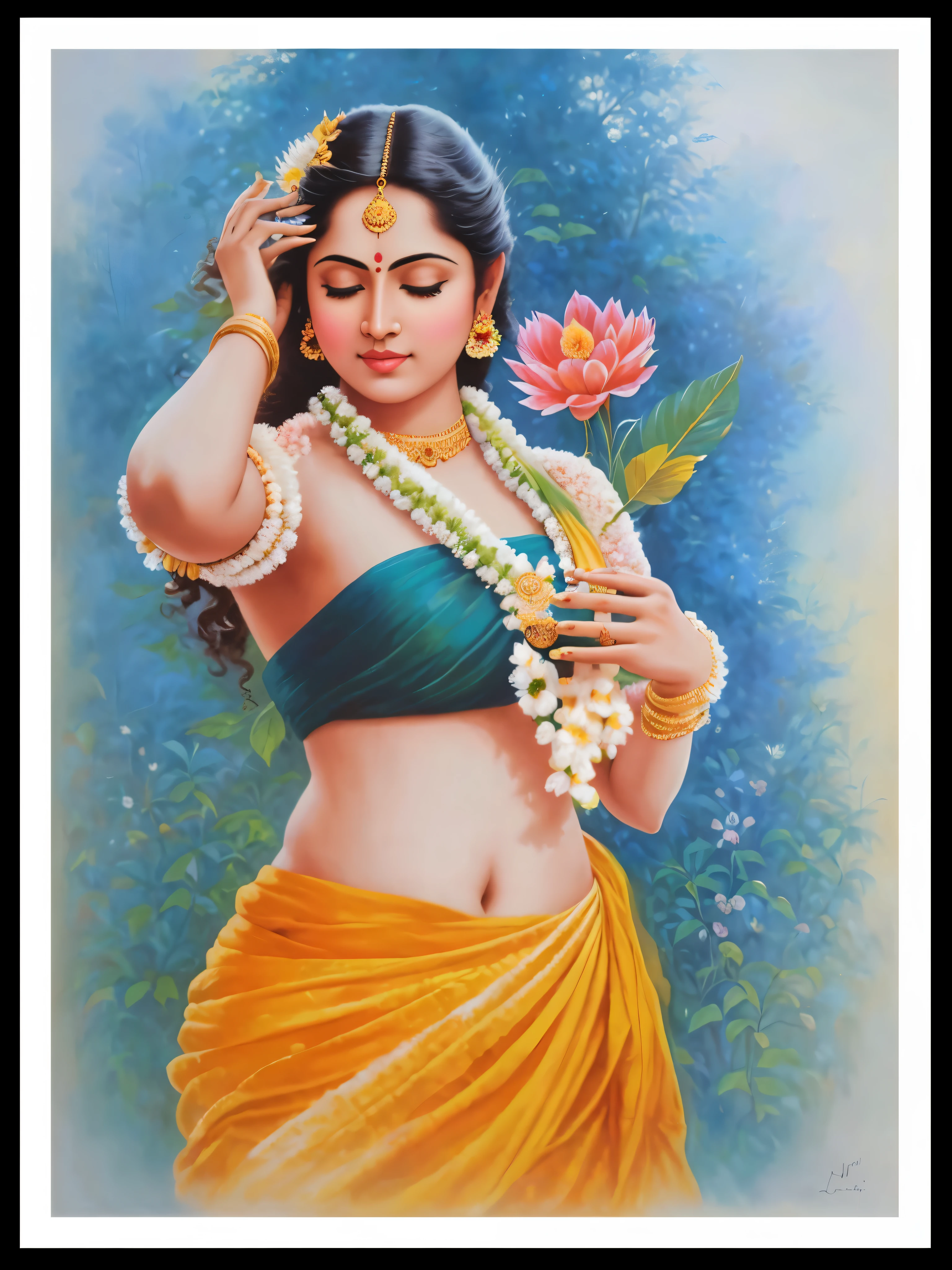 Nair Lady, Sundari, paramasundari, Apsara, goddes, exotic Indian art, (solo), by artist Raja Ravi Varma, Realistic, 8K, ultra-detailed, Unreal Engine, midjourney art style impressionism, abstract, (oil painting , dry brushstrokes), negative space, beautiful magical forest with blooming flower in background,