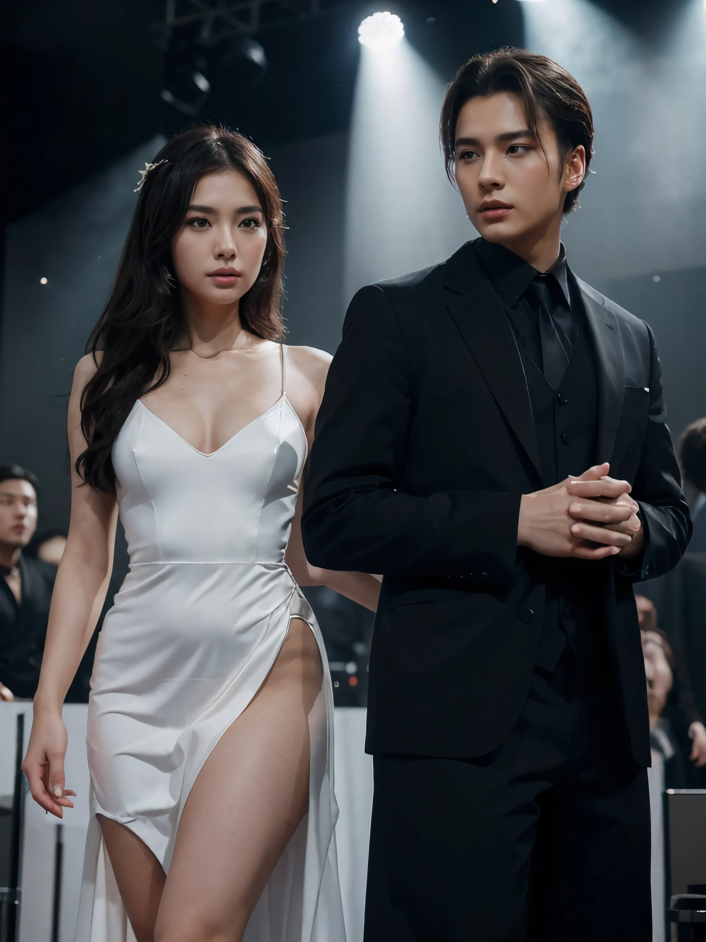 a man and a woman standing next to each other on a music band festival stage, an image, inspired by Adam Dario Keel, which is trending in the cg community, beautiful young Korean woman dressed in a black long party dress movie screencap, model elisajes from acquamodels