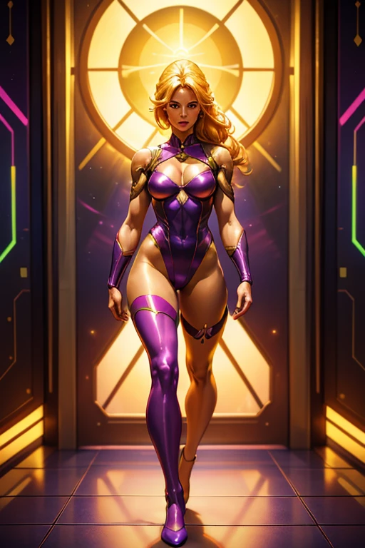 Best quality, 8K, vivid color, woman retro super hero futurism, full body, standing, facing away from the observer, golden hair, long eyelashes, light purple shiny leotard, cleavage, metalic details, light green pantyhose, neutral sci-fi scenario