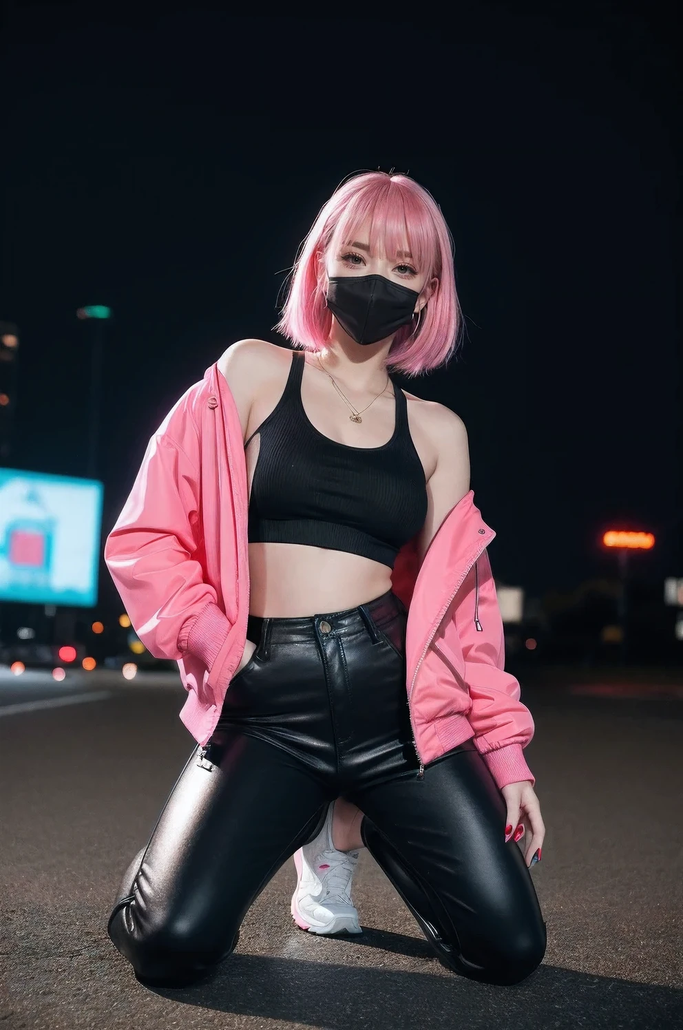 1 girl,alone,mask,looking at the audience,Jacket,shoe,pink hair,outdoor,Off the shoulders,colorful hair,trousers,Keep,nail polish,bat,mouth mask,Bangs,gradient hair,运动shoe,depth of field,leggings,bare shoulders,black trousers,breast,open Jacket,white Jacket,long sleeve,Open your clothes,whole body,neon lights,medium breast,黑色shoe類,night,red nails,white hair,kneeling,