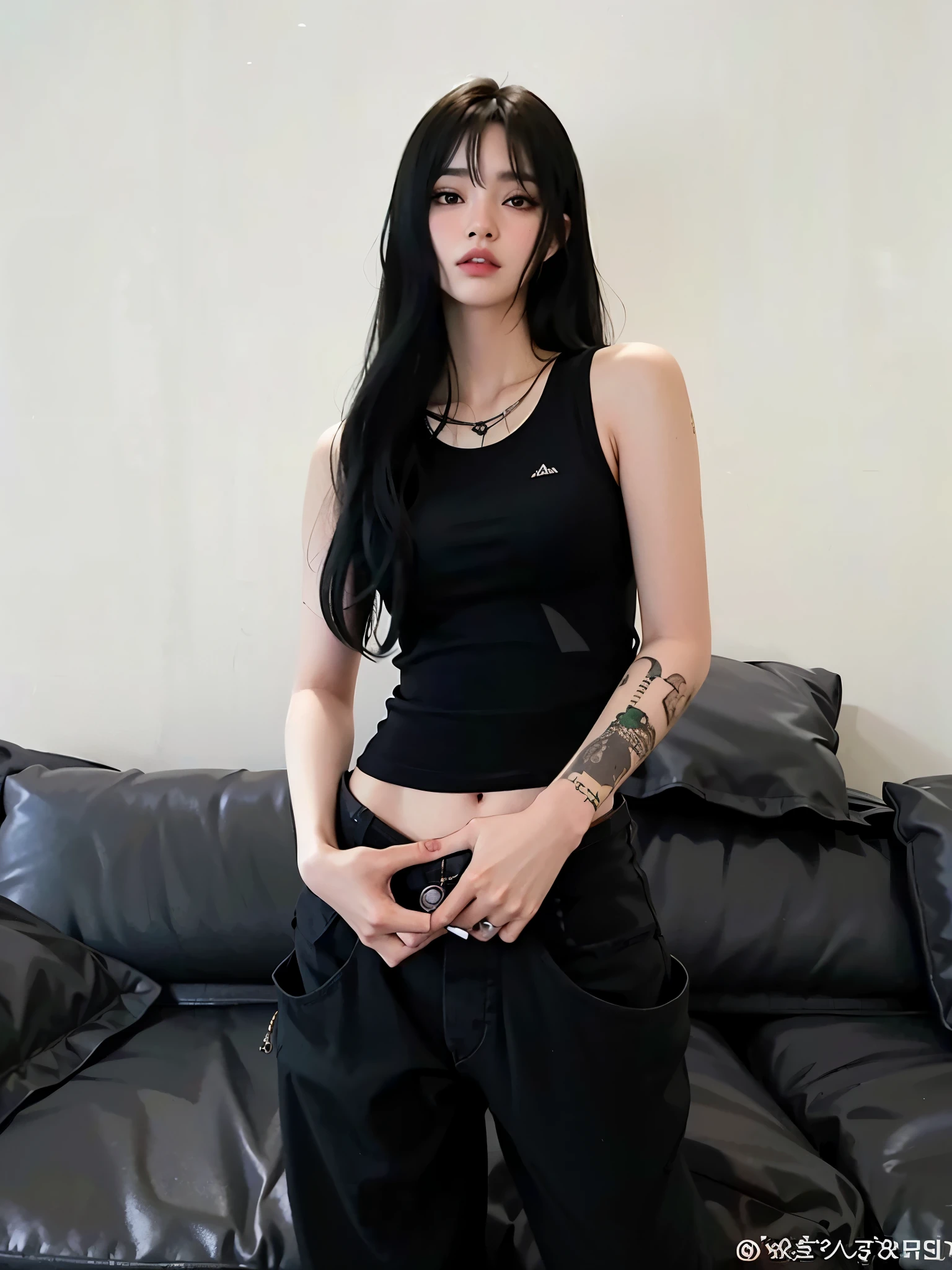 Arafed woman with tattoos standing in front of a sofa, ella lleva una camiseta sin mangas negra, cruel korean gothic girl, vistiendo una camiseta negra corta, vistiendo una camiseta sin mangas corta negra, camiseta negra ajustada, foto de chica delgada model, foto de chica delgada, 2 4 year old female model, tapa negra, modelo de moda femenina coreana blackpink lisa blackpink lisa face lisa blackpink BLACKPINK LISA BLACKPINK LISA FACE LISA BLACKPINK 