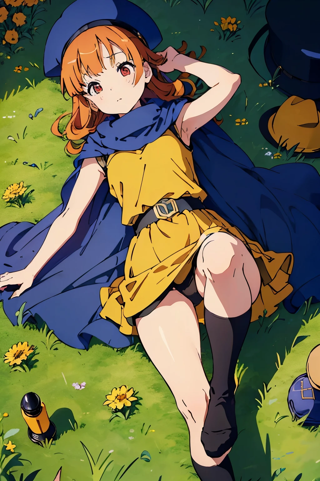 1 girl、High resolution、masterpiece、(alena-dq4、DQ4-ALENA、orange hair、red eyes)、smile、short height、thin thighs、small shoulder width、slender、muscular、outdoor、grassland、Grass grows、(navy blue hat、cape)、((yellow dress))、((Sexual black panties with detailed decoration、black socks))、I'm photographing her from below.、((lie face up on the ground、lying on the ground))