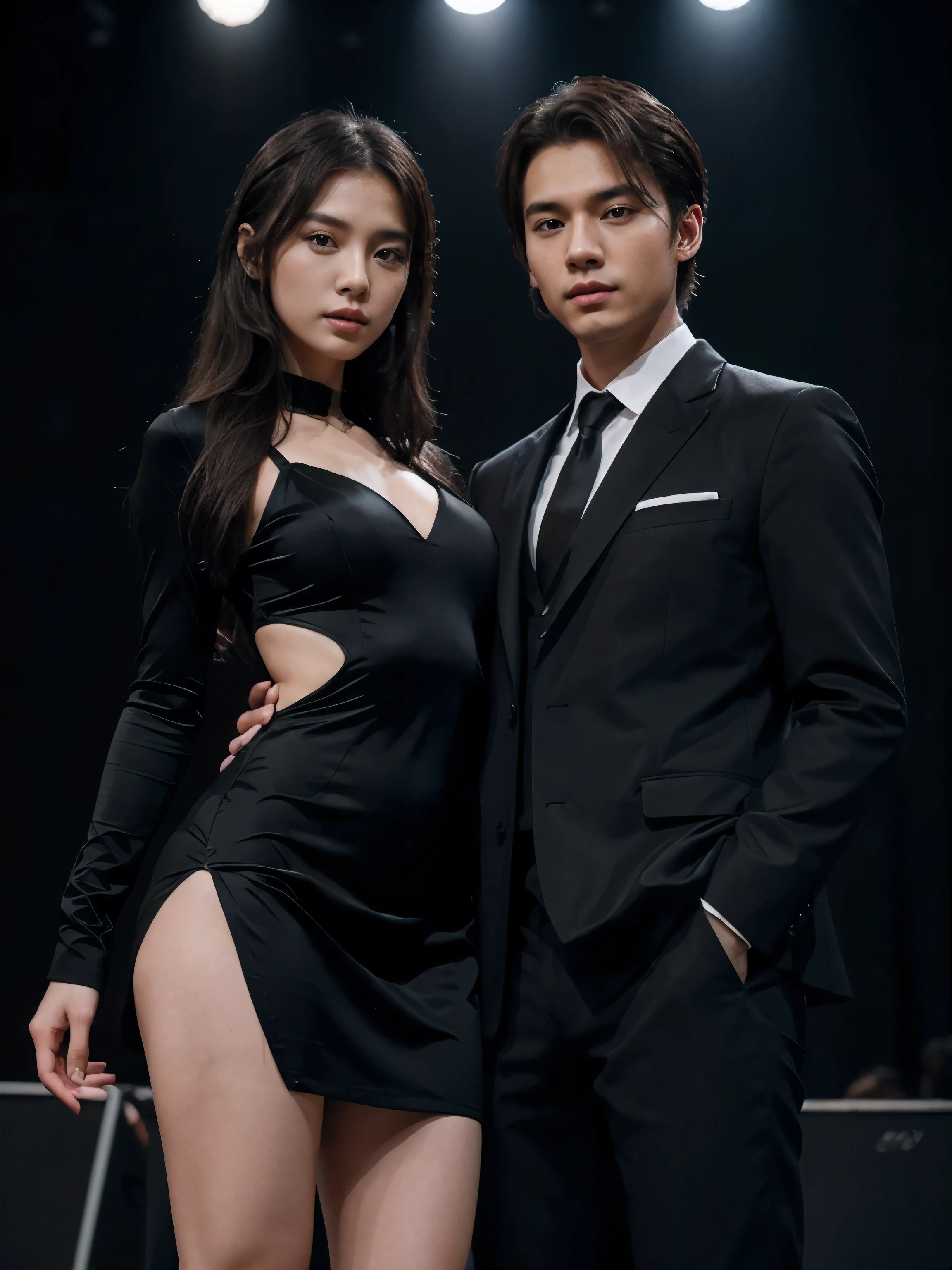 a man and a woman standing next to each other on a music band festival stage, an image, inspired by Adam Dario Keel, which is trending in the cg community, beautiful young Korean woman dressed in a black long party dress movie screencap, model elisajes from acquamodels