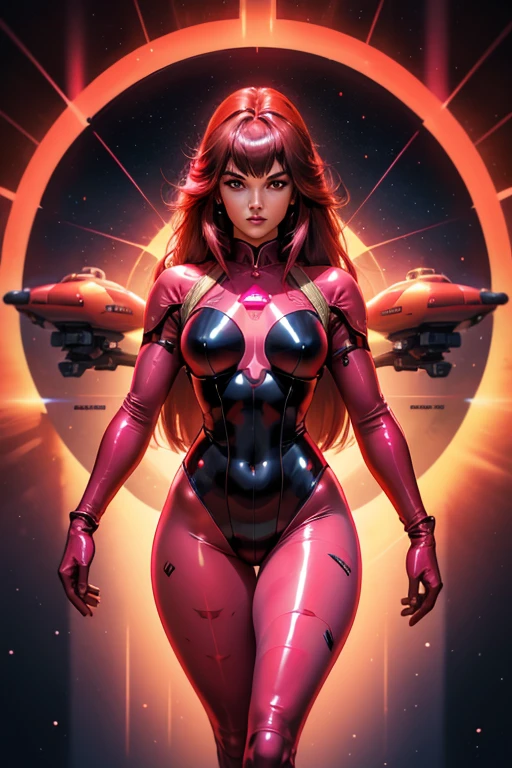 Best quality, 8K, woman space retro futurism, beautiful and detailed face, black straight long hair, bangs,big eyelashes,LOOKING TO observer,TRANSPARENT red LATEX leotard, metalic details, LIGHT pink TAN pantyhose, sheer pink gloves,sci-fi RETRO SPACESHIP scenario