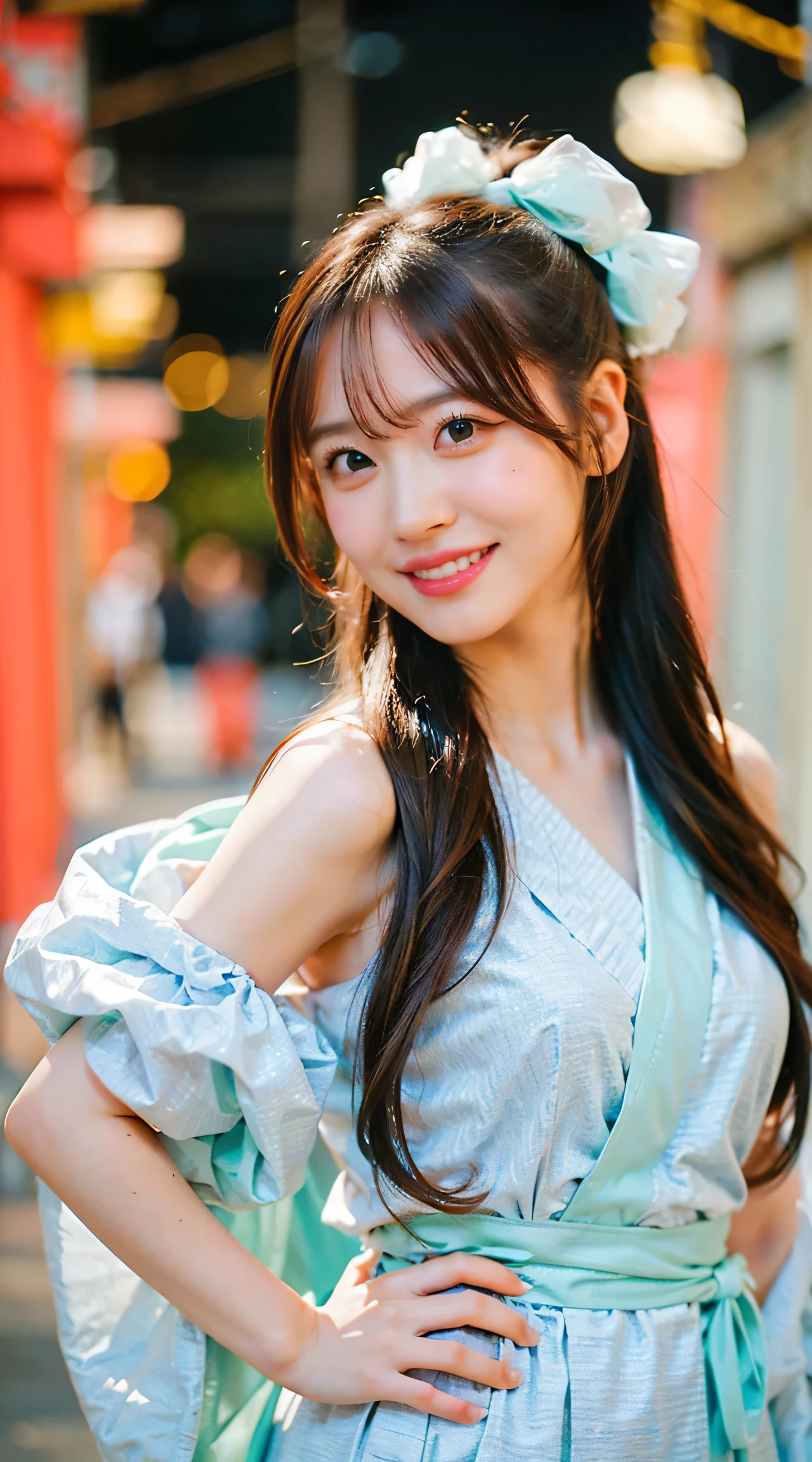 (8K、Raw photo、highest quality、masterpiece:1.2)、(realistic、Photoreal)、1 girl、((fantasy world、light blue shrine maiden costume、short kimono、big sleeve、See-through、off shoulder、I can see your feet、big breasts、front、ponytail、blonde、straight hair))、lots of eyelashes、Glitter on your eyelids、skeletally correct、sweaty body、Beautifully aligned fingertips、smile、standing with hands on hips、above the sky