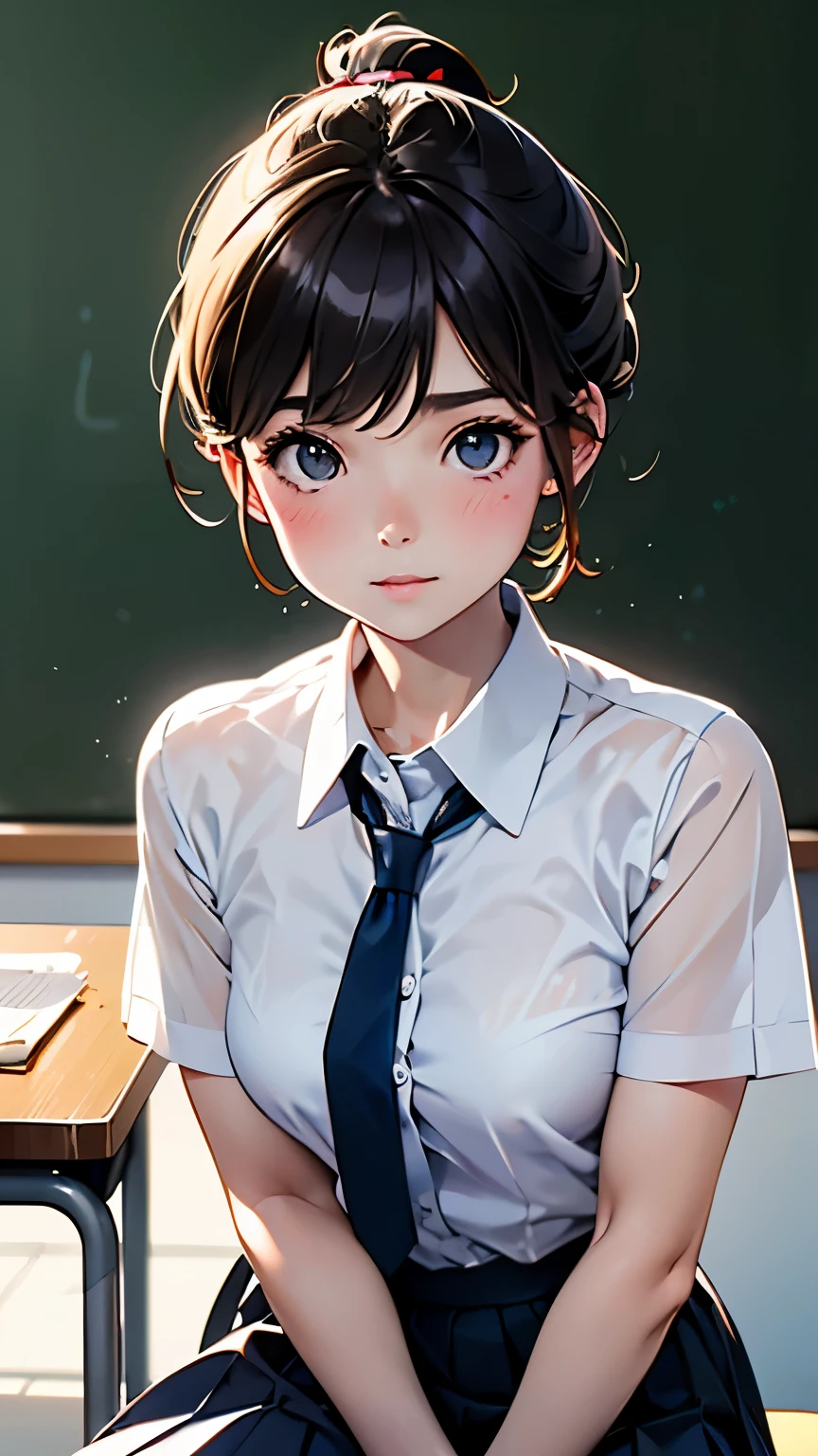 (table top, highest quality:1.2), 8K, 18-year-old, 85mm, official art, Raw photo, absurd, white dress shirt, cute face, close, Upper body, viola lace, gardenia, beautiful girl, , (navy pleated skirt:1.1), Cinch West, thighs, short sleeve, classroom, ponytail、short hair、short hair、sit on a bench seat, looking at the viewer, no makeup, (smile:0.4), film grain, chromatic aberration, sharp focus, face light, clear lighting, teen, detailed face, background bokeh, (dark red tie:1.1)、日本の学校のclassroom、classroom
