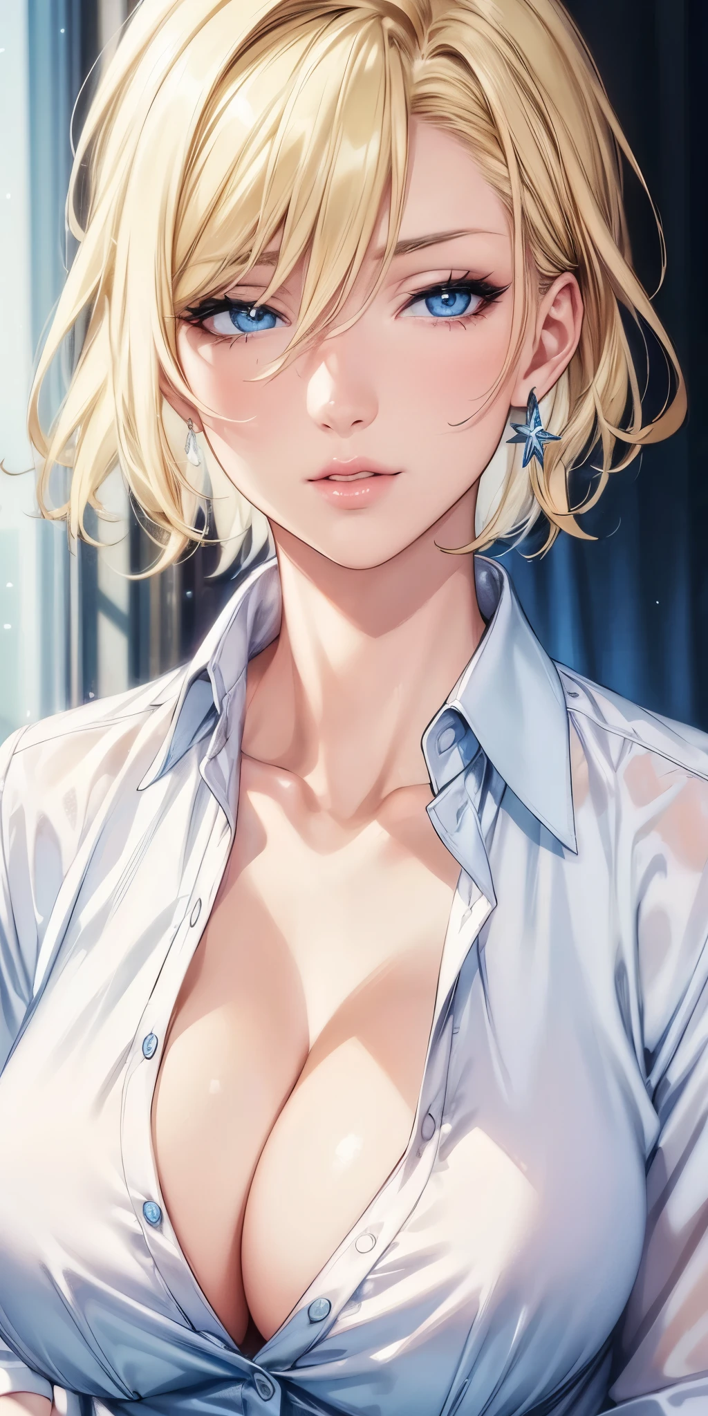 (best quality, highres, realistic), portrait, Elegant mature woman, blue eyes, blonde, big breast, high resolution cg 8k, beautiful cg, soft light