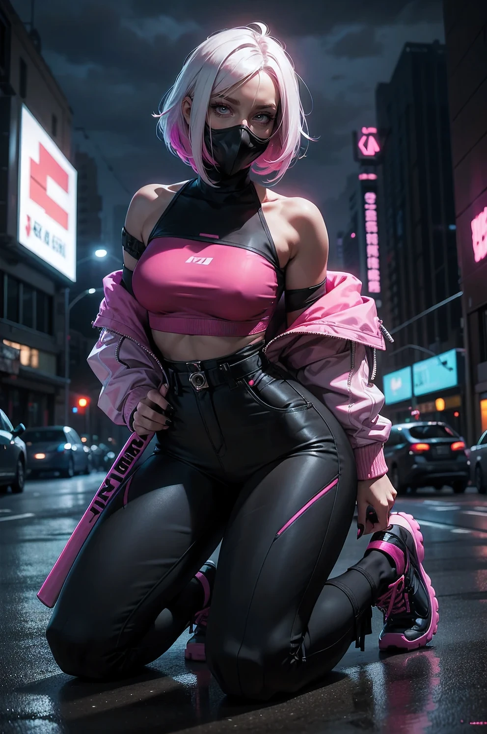 1 girl,alone,mask,looking at the audience,Jacket,shoe,pink hair,outdoor,Off the shoulders,colorful hair,trousers,Keep,nail polish,bat,mouth mask,Bangs,gradient hair,运动shoe,depth of field,leggings,bare shoulders,black trousers,breast,open Jacket,white Jacket,long sleeve,Open your clothes,whole body,neon lights,medium breast,黑色shoe類,night,red nails,white hair,kneeling,