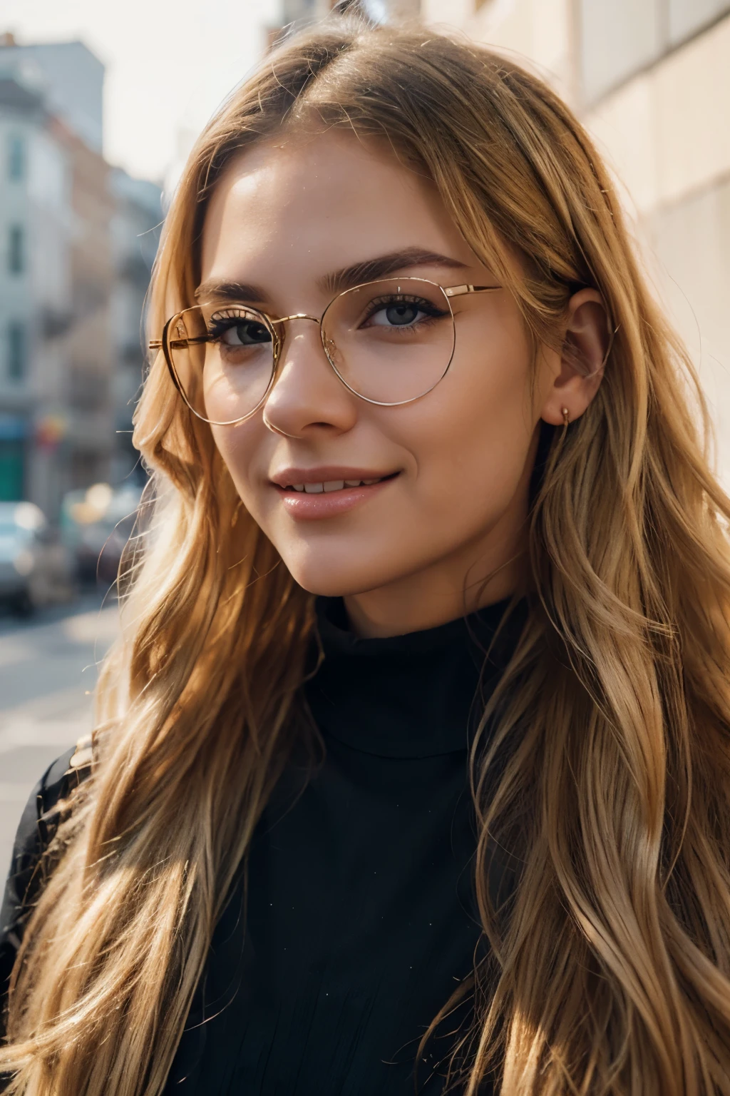 Create a Ukrainian digital influencer with flowing golden hair:
(Masterpiece: 1.1), High-definition, Ultra-detailed: 1.3), Ukrainian woman, blonde hair, (long, wavy hair), digital influencer, stylish clothes, (distinctive fashion sense), smiling, engaged expression, clear complexion, glowing skin, makeup: 1.4, natural makeup, bright eyes, thick lashes, well-groomed eyebrows, captivating, charismatic personality, successful, trendy glasses, minimalistic jewelry, confident posture, candid pose, clean background, warm lighting, vibrant colors, authentic, relatable, engaging, dynamic,