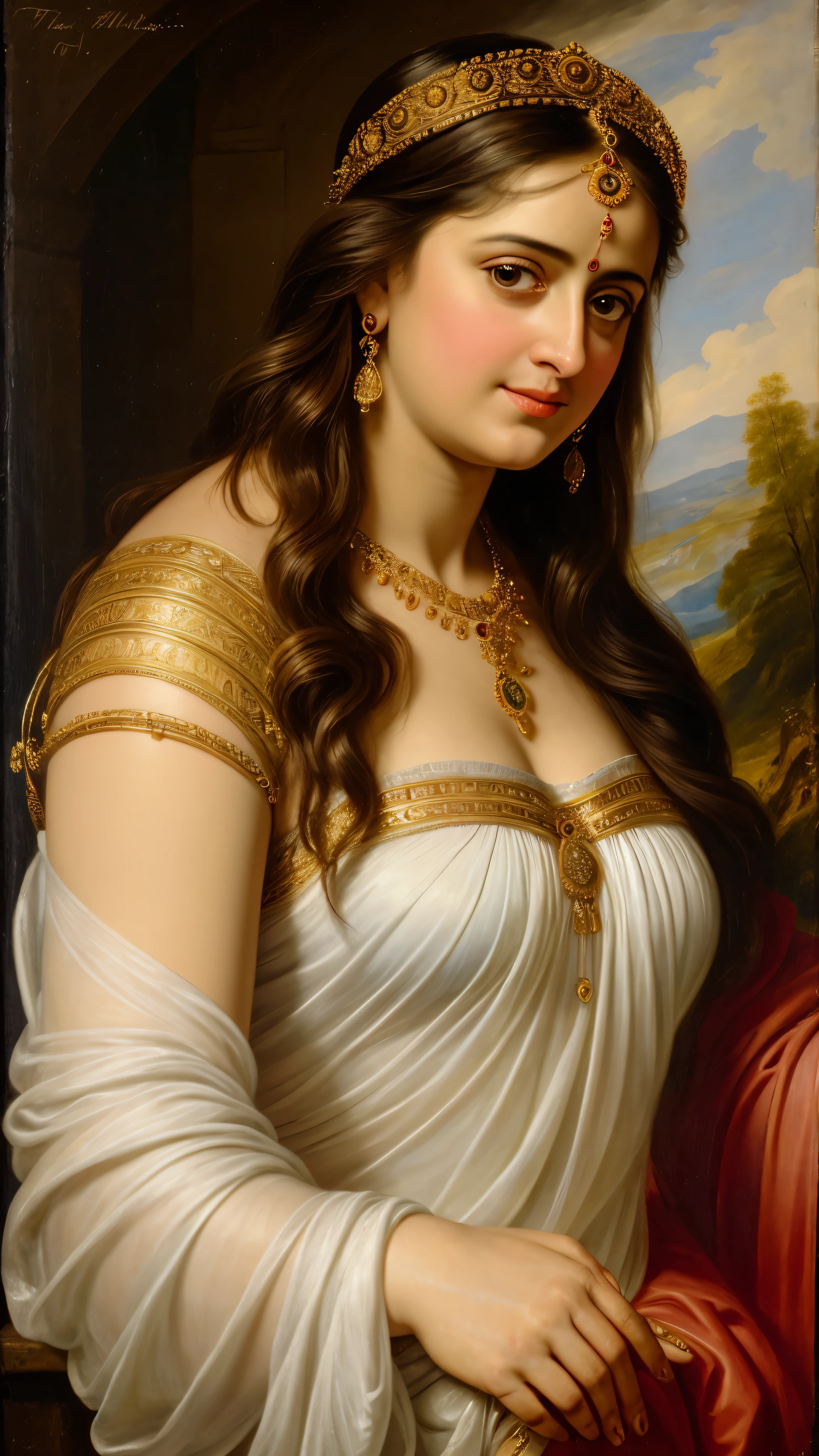 Looks like Anushka Shetty, Masterpiece, Best quality, high clarity eyes, critically flawless,sharp picture, Full portrait, High pixels, perfect face, perfect eyes, beautiful face, perfect hands,perfect fingers, in Peter Paul Rubens style, by Peter Paul Rubens, baroque style, acrylic on canvas, highly detailed, description: "Create a nymph inspired by the tales of Greek or Roman mythology, embodying the essence of a natural element or location, and possessing a unique ability or trait that sets her apart.", strapless Bra of ancient times, strapless bralette, armpits showing,