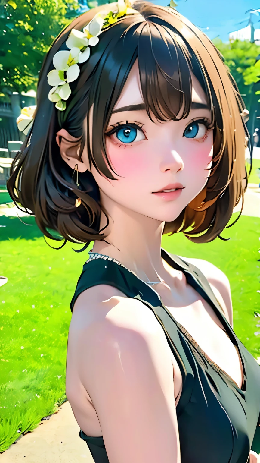 one girl、Characteristic hairstyle、random hair color、(((cute smile:0.1)))、charming eyes、small nose、plump lips、１６talent、knit dress、black tight dress、outdoor、midsummer sunshine、summer park、tree、highest quality、ultra high resolution、Super detailed、masterpiece:1.5、８ｋ、Movie section、perfect anatomy、cinematic lighting、50ｍｍPhotographed with a lens、professional photographer、