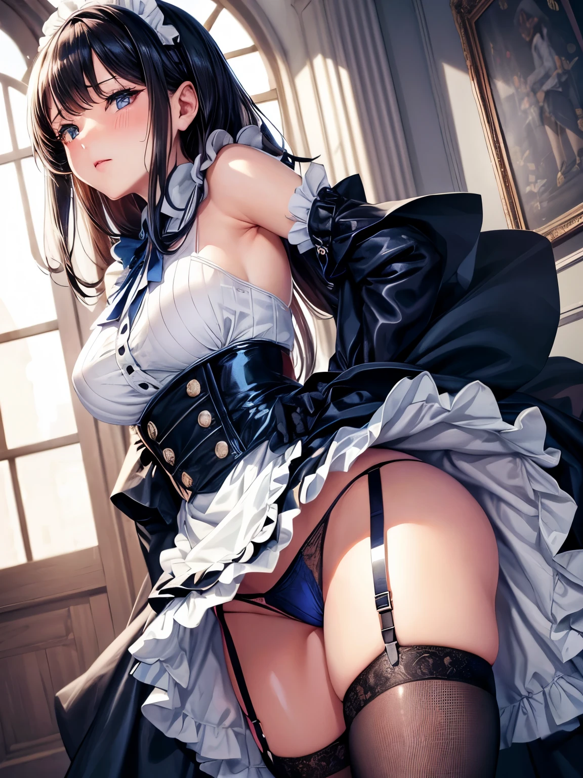 A woman is wearing a black and white maid outfit and masturbating at school, exact number of fingers, Exact number of hands, alone, panties, underwear, skirt, (shiny dark blue satin panties:1.3)、garter belt, embarrassed expression, Thighhighs, skirt lift, realistic