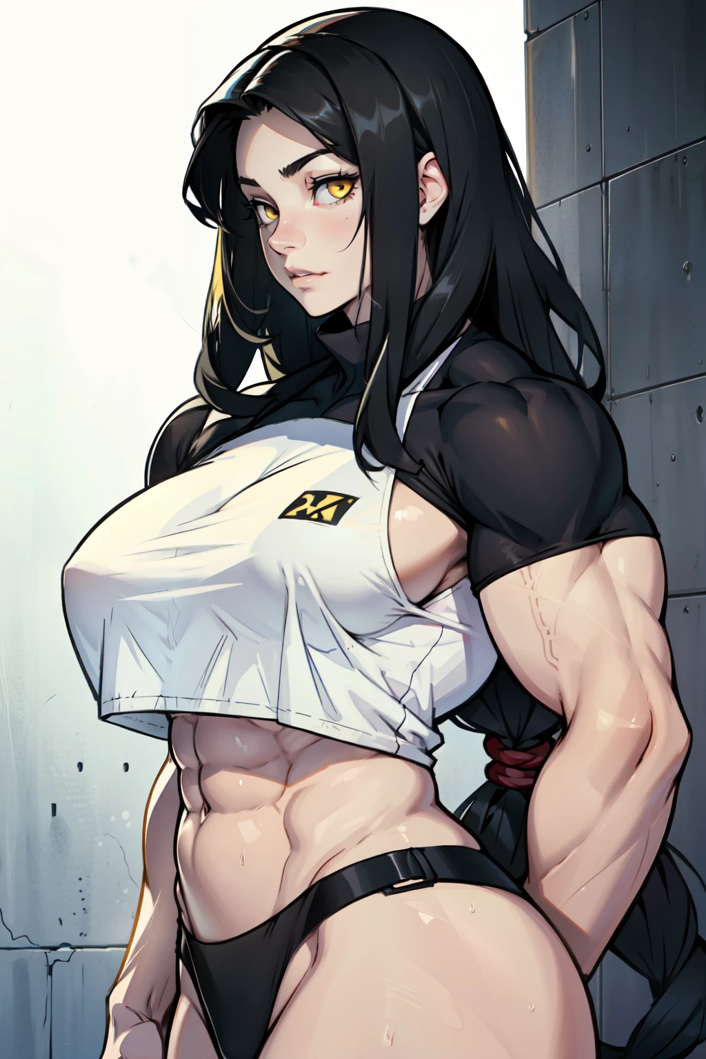 huge breasts pale skin very long hair black hair yellow eyes ((((((1 girl)))))) (((((muscular)))))