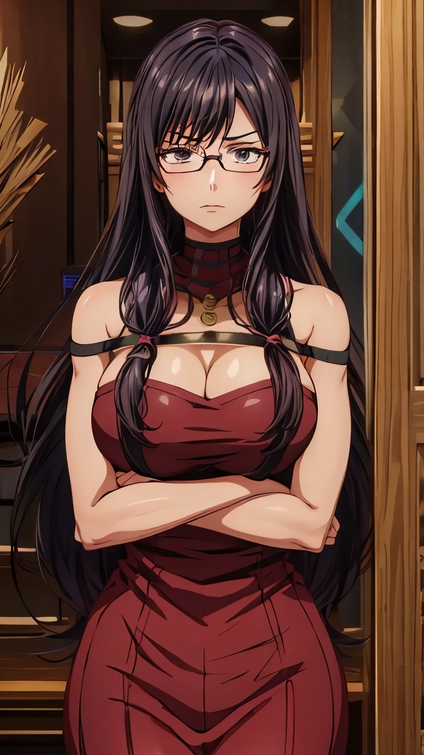 1 milf, long hair, big breasts, wearing glasses, serious face