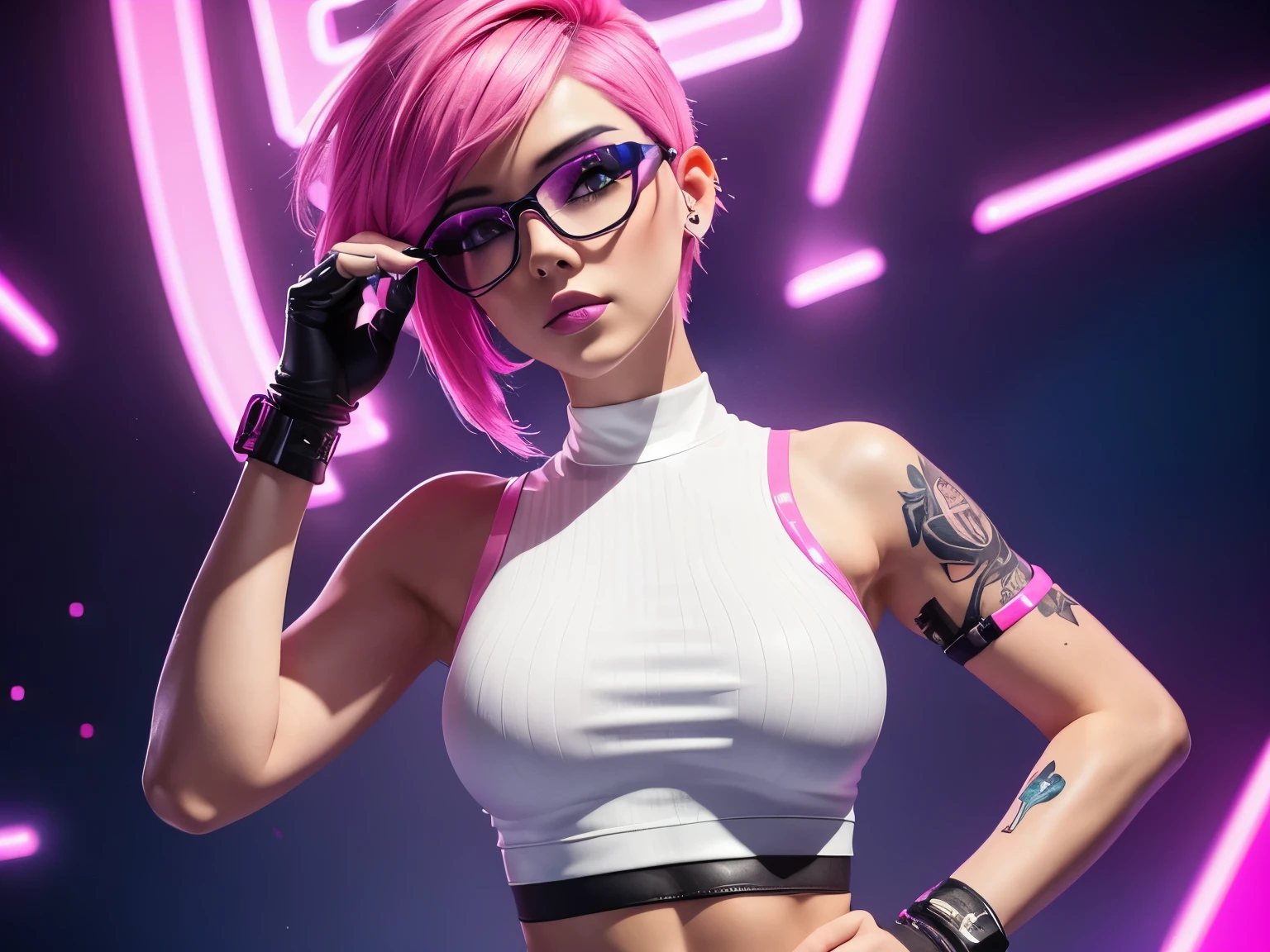 beautiful cyberpunk woman wearing a white crop top and a leather legging, tattoos all over her body, pink short trendy hair, spectacles, neon city accent gradient background with particles, bokeh effect, show her electric and charismatic nature.