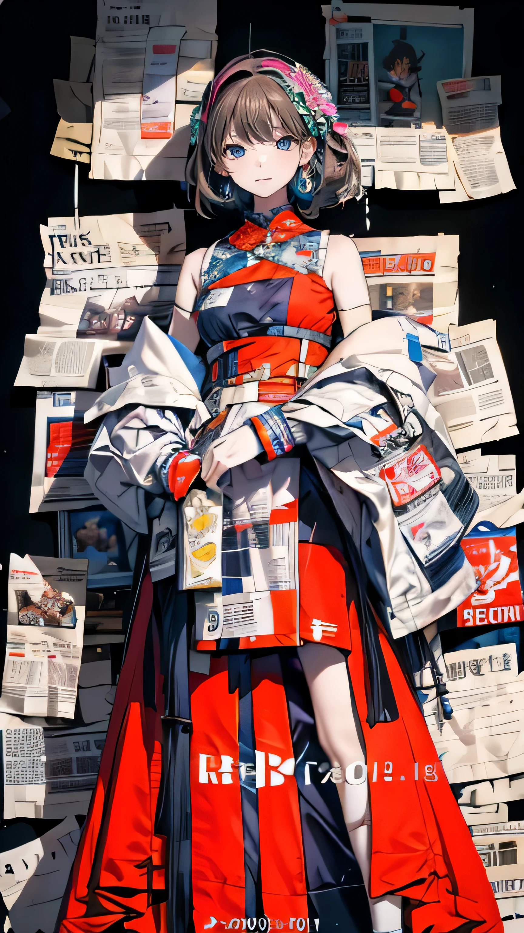 Fille en robe faite de magazine, robe de magazine, robe en papier.  best quality, 16k, chef-d&#39;artwork: 1.2, Ultra-detailed, Realistic: 1.37.