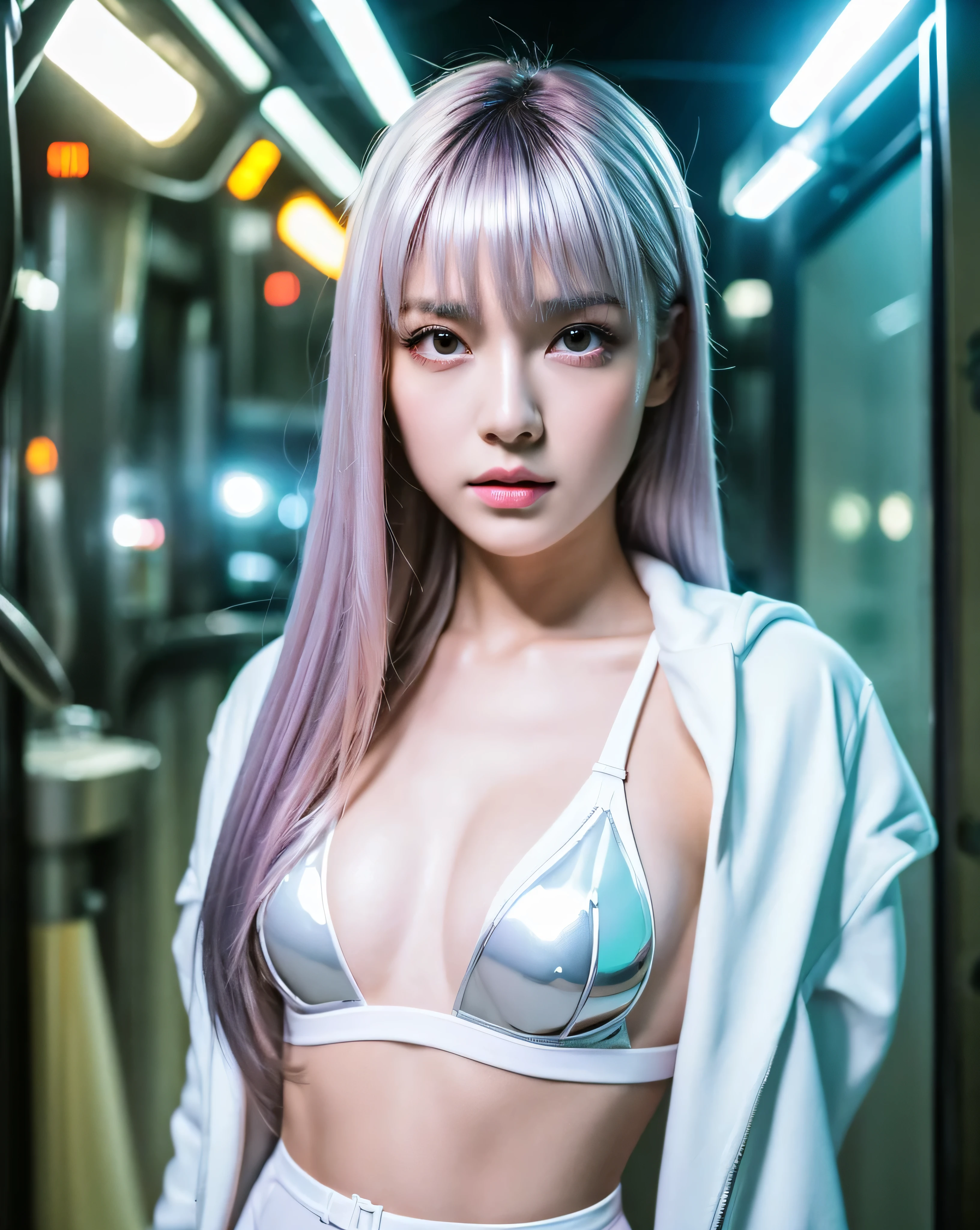 (highest quality, 32k, High resolution, masterpiece:1.5, ), Fluorescent color, glow issue cut, Cyberpunk world view, fantasy capture, Inside the spaceship, ((A girl whose body is half machine)), beautiful japanese woman, , cyborg, ((Glowing silver hair, beautiful long hair)), asymmetrical bangs, magical beautiful eyes, red eyes, A fleeting expression, smooth and soft skin, Clear double eyelids, natural makeup, pale pink lips, ((white mechanical rubber suit)), glamorous look, Detailed and perfect clavicle, High resolutionで美しい胸元, High resolutionの美しい太もも, professional lighting, professional photographer, professional model
