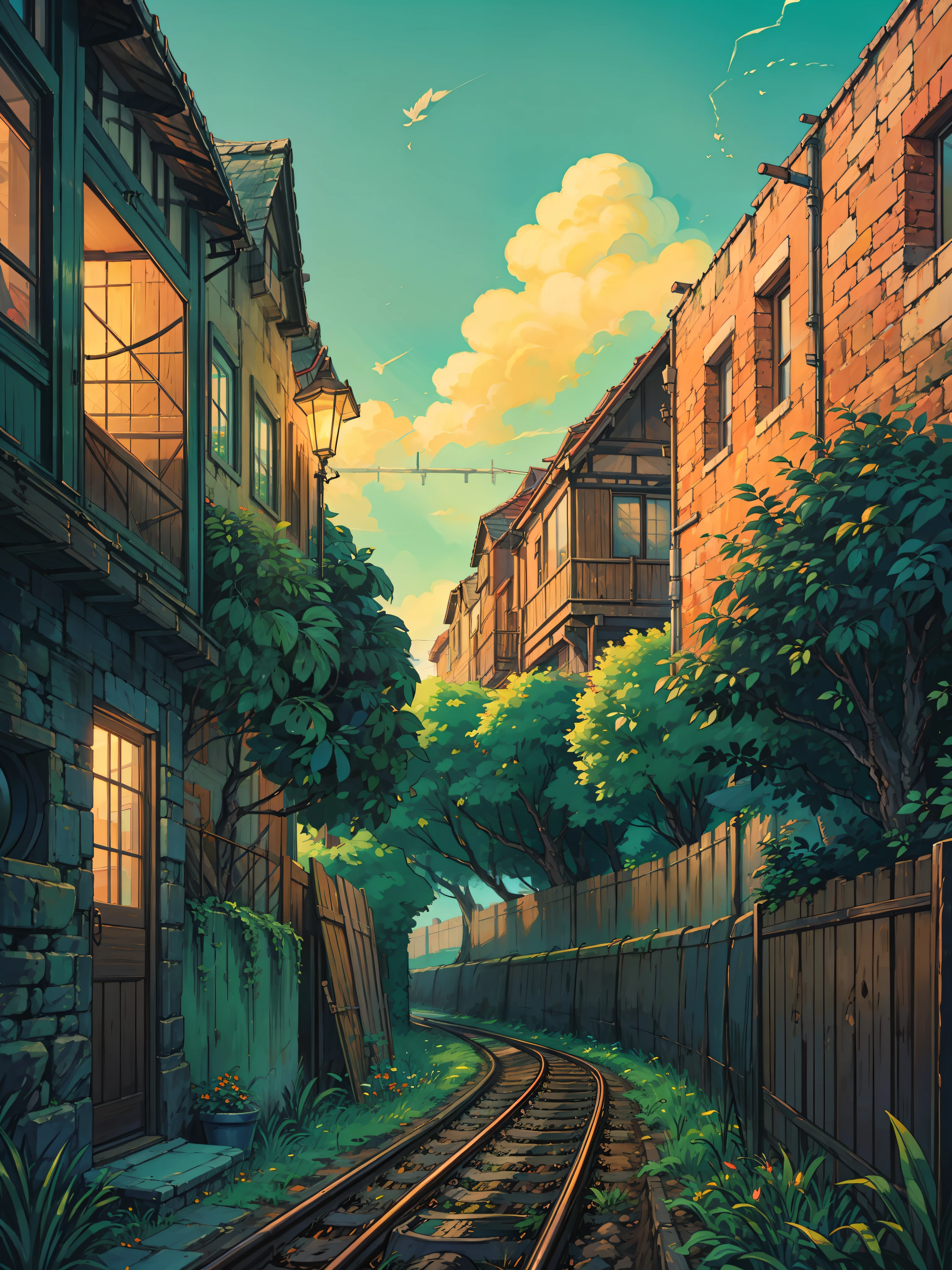 (masterpiece:1), (wide view:1.7), (a house near railway track:1.6), (countryside:1.3), (hundred years old orange fruit trees:1.5), (day time:1.3), silence, (blue cloudy sky:1.4), (greenery:1.5), (soft glow of vibrant tones:1.4), (wooden fencing:1.5), magnificent sky, (volumetric light:1.2), peaceful, (beautiful color palette:1.5), (stones:1.3), (ghibli style:1.3), (plant pots:1.5), (green bushes:1.4), (beautiful aesthetics:1.2), (calm:1.4), beautiful tones, subtle colors, peaceful, (illustration: 1.0), epic composition, realistic lighting, (no human:1.6), HD details, masterpiece, best quality, ,