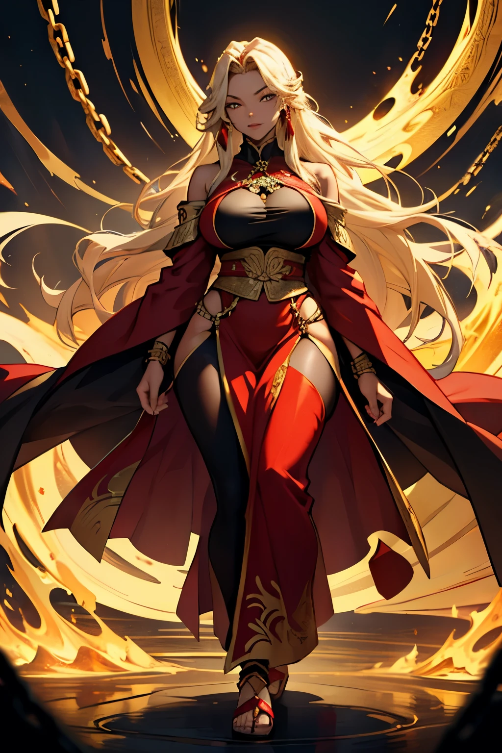 woman, 5 feet in height, very curvy, skin slightly golden, long hair is bright gold, eyes are dark gold, wears flowing red robes with gold and black trim, very decorative chain jewelry